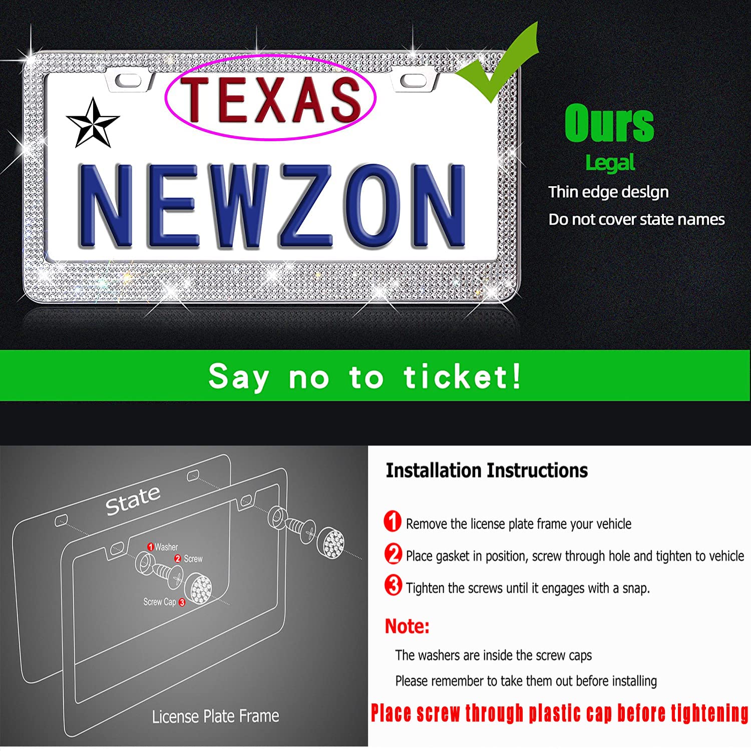 Newzon Rhinestone Bling License Plate Frames For Women Cute- 2 Pack Bedazzled Sparkle Cute Diamond Car License Plate Frame - Gli