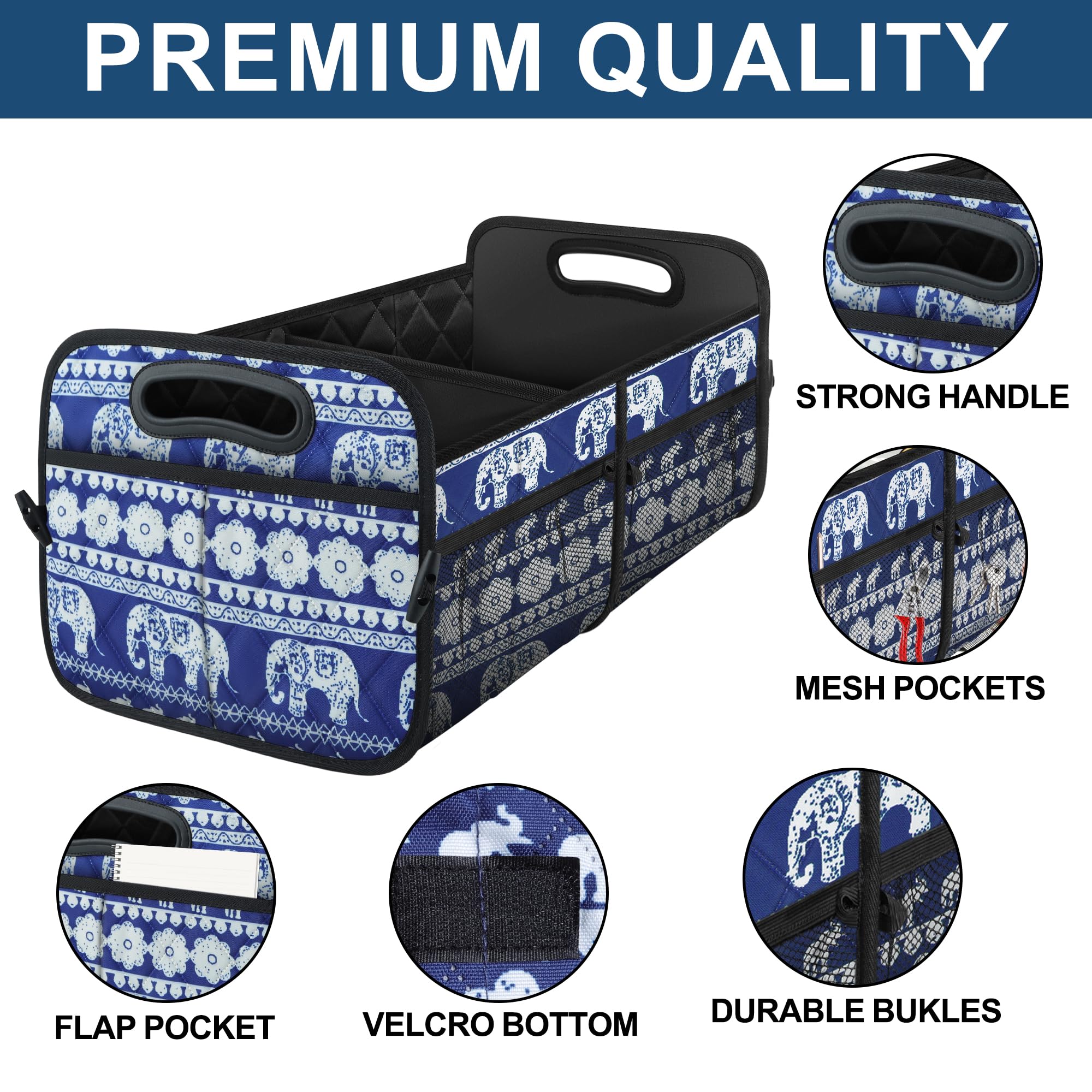 Deosk Collapsible Car Organizer with 6 Pockets, 50L Multi-Compartment Trunk Organizer, Accessories for Women/Men - Blue Elephant