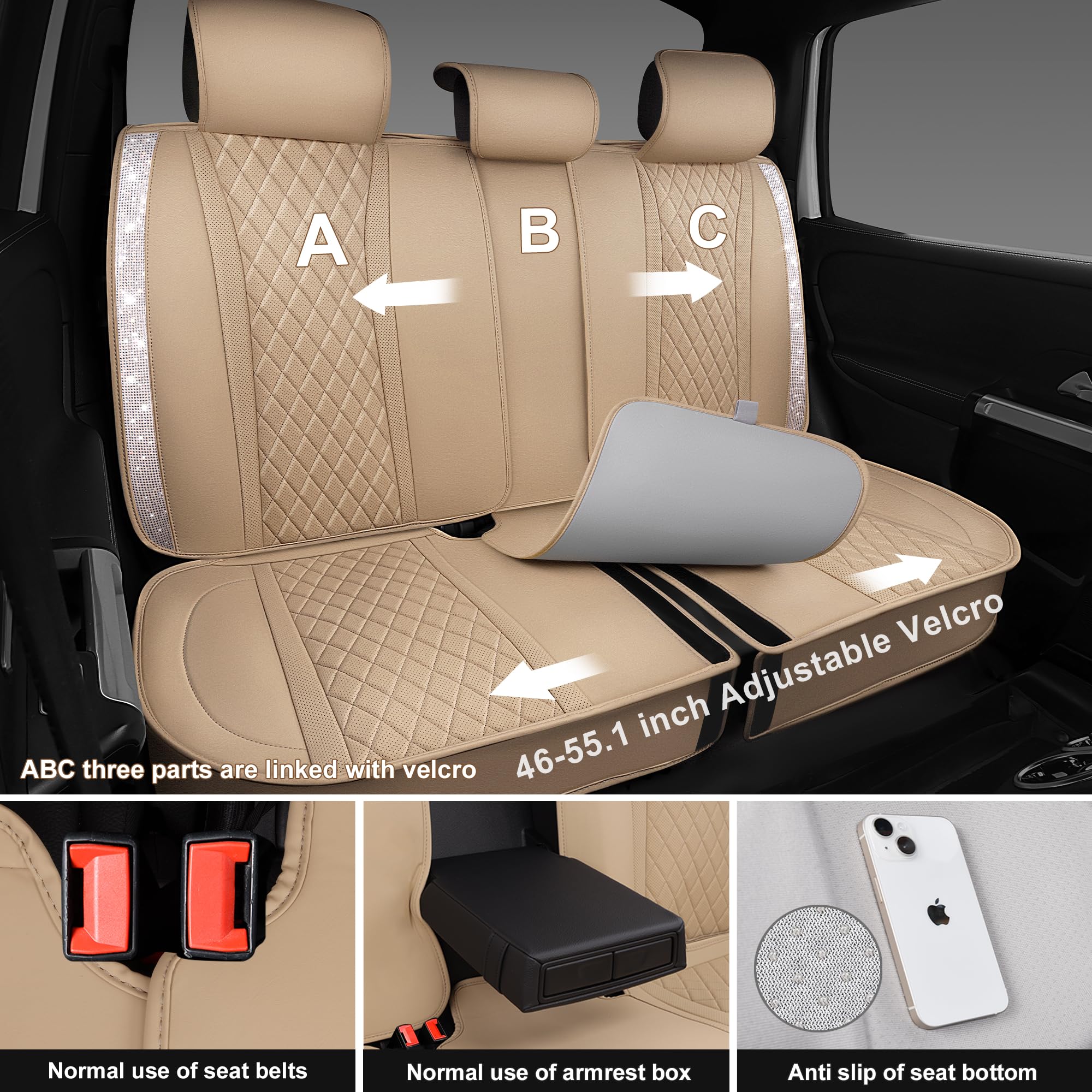 Car Pass Beige Leather Bling Car Seat Covers Full Set, Luxury Microfiber Nappa Pu Cushioned, Waterproof Anti-Slip Universal Fit