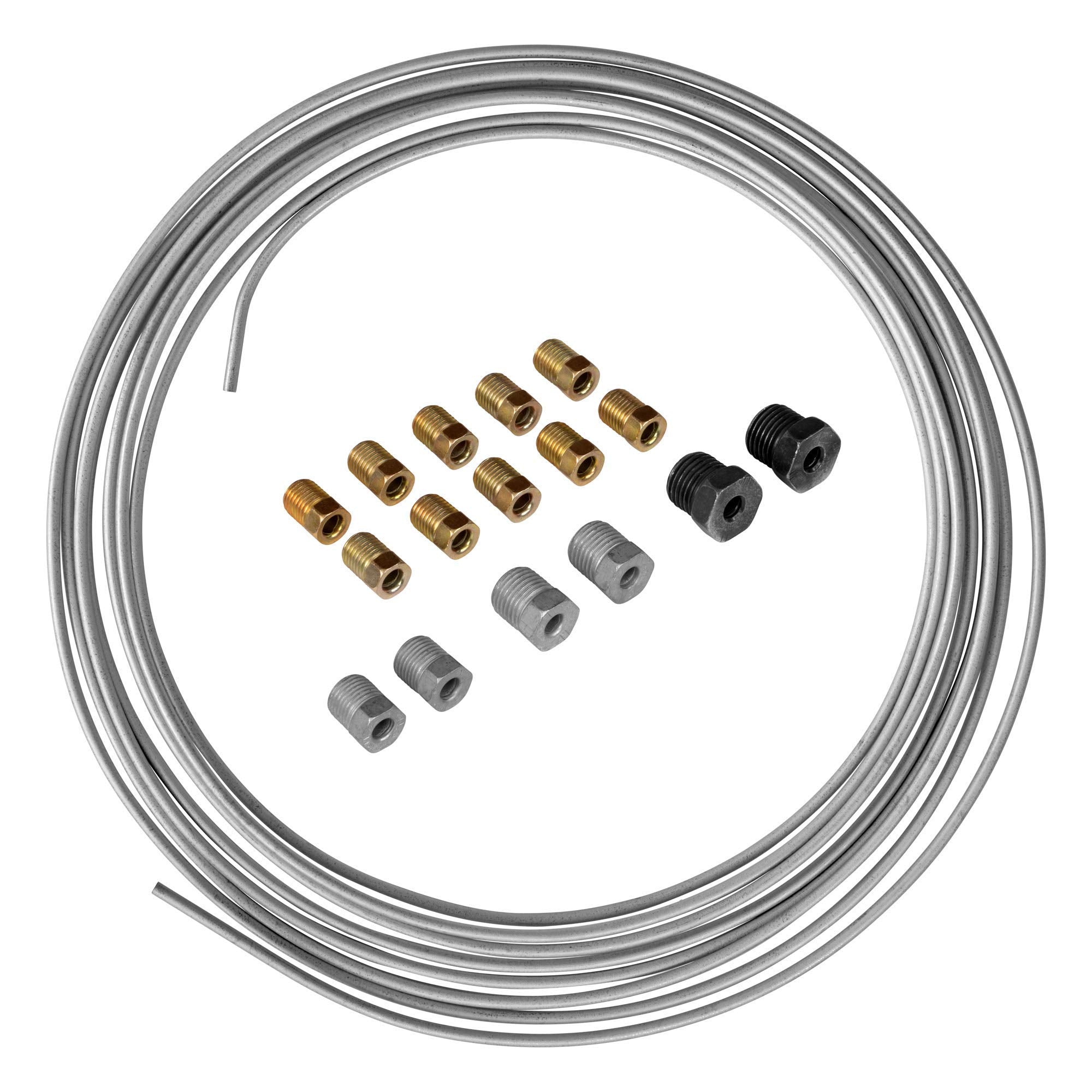 4Lifetime Galvanized Steel Brake Line Kit - 3/16 X 25Ft Replacement Set - Professional Grade Oe Steel Tube, Corrosion-Resistant, Flexible 3/16 Brake Line – Comes With 16 Fittings For Easy Install