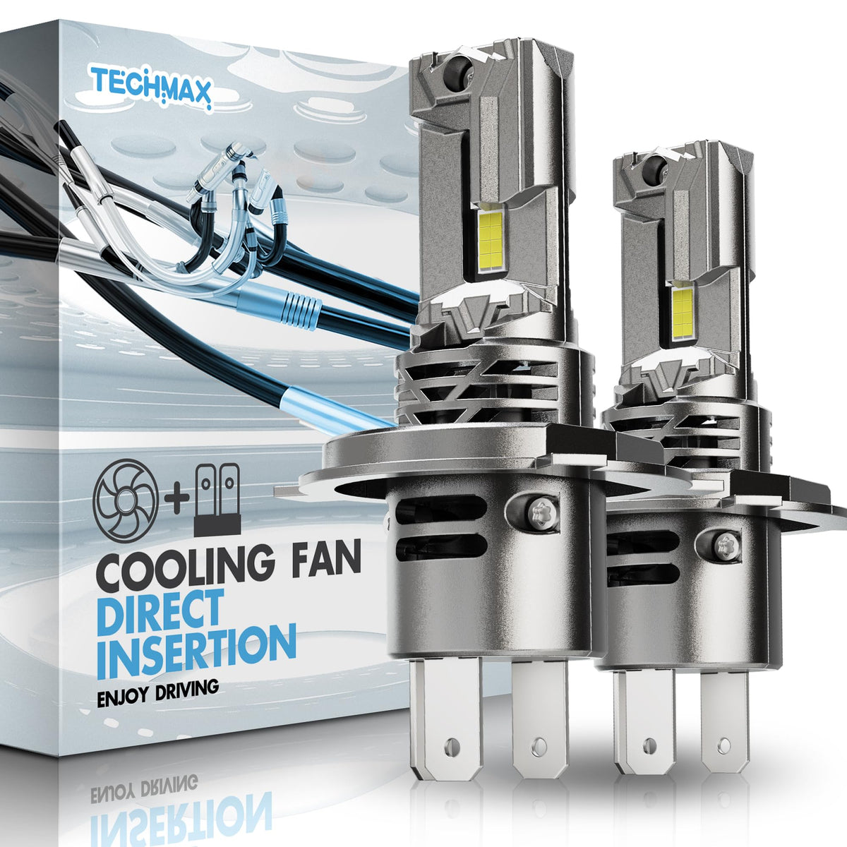 Techmax H4 Bulb - 800% Super Brighter, 6500K Xenon White H4/9003 Fog Light Bulbs With 16000Prm Cooling Fan, Pack Of 2