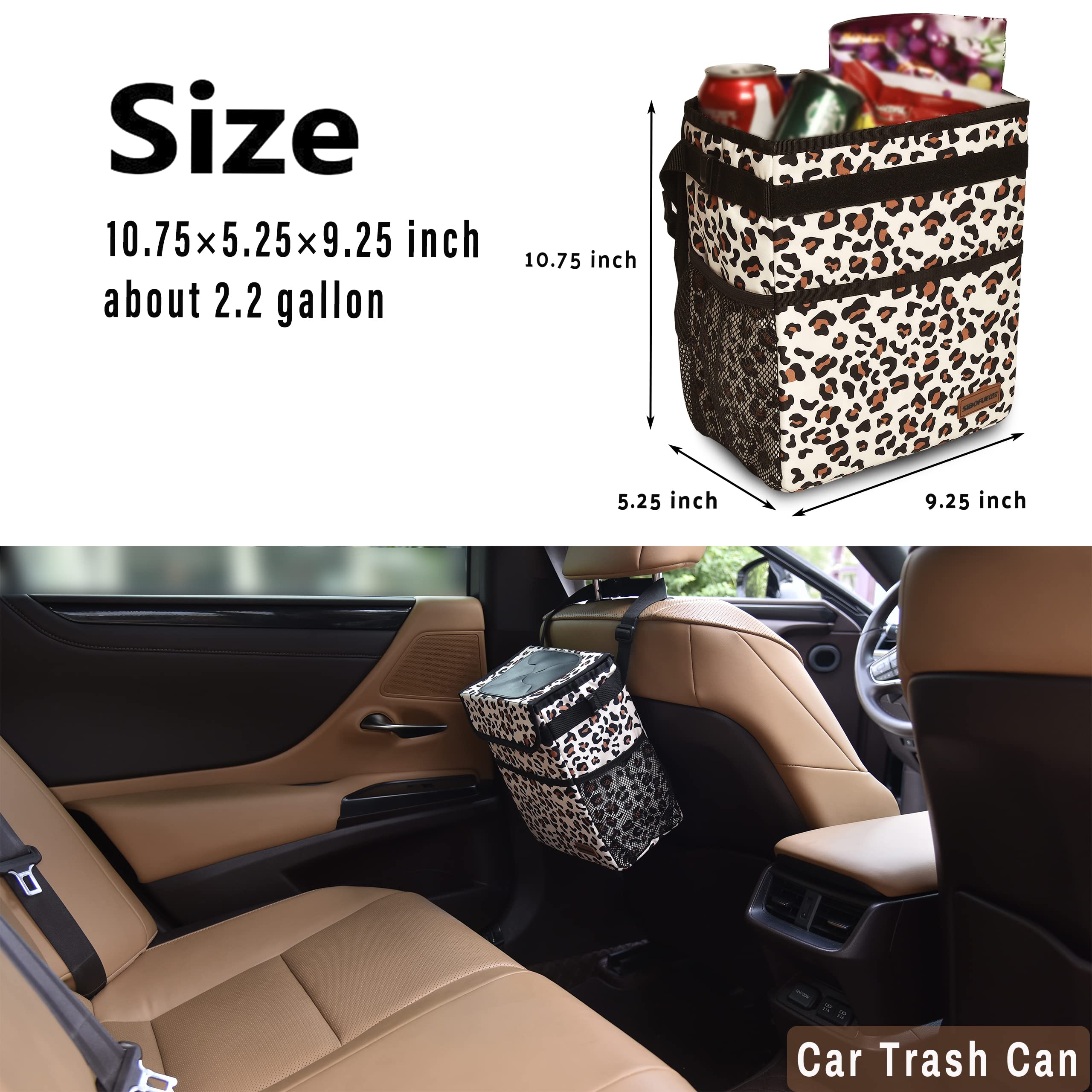 Sibofuego Cute Car Trash Can With Lid - Leak Proof Car Trash Bag Hanging Waterproof Car Garbage Can With Storage Pockets Multipu