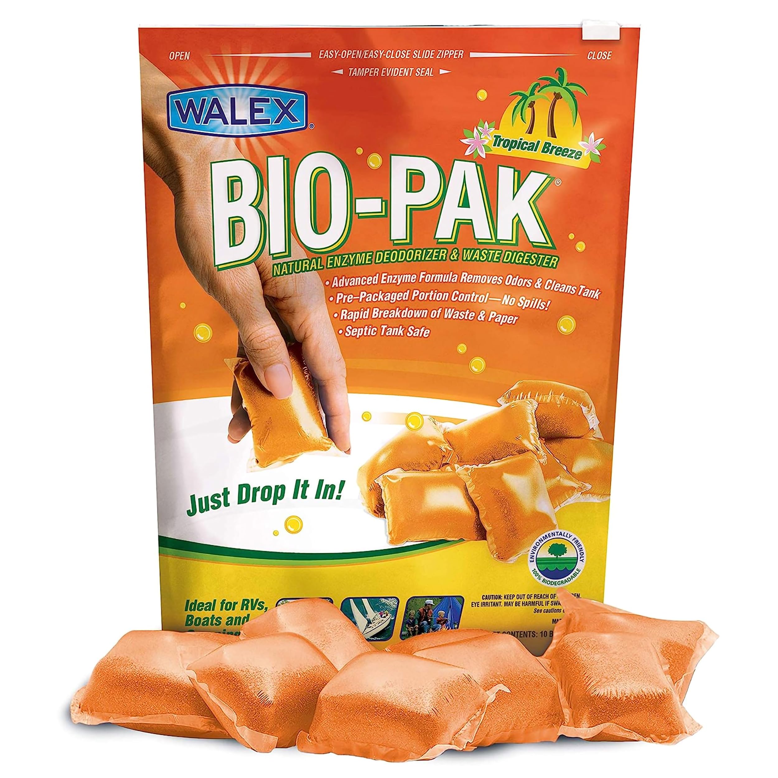 Walex Bio-Pak Black Holding Tank Deodorizer & Waste Digester Drop-Ins - Advanced Enzyme Formula For Rapid Breakdown Of Waste & Paper, Removes Odors & Cleans Tank; Tropical Breeze, 10-Pack