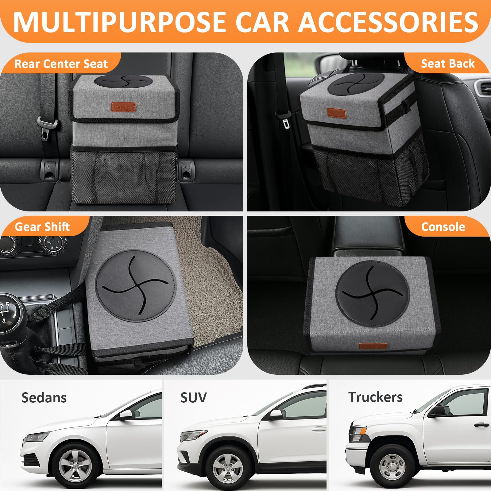 Vankor 3 Gallons Car Trash Can With Lid, Car Trash Bag Bin Hanging Waterproof Automotive Garbage Cans Leak Proof Vehicle Can Gre