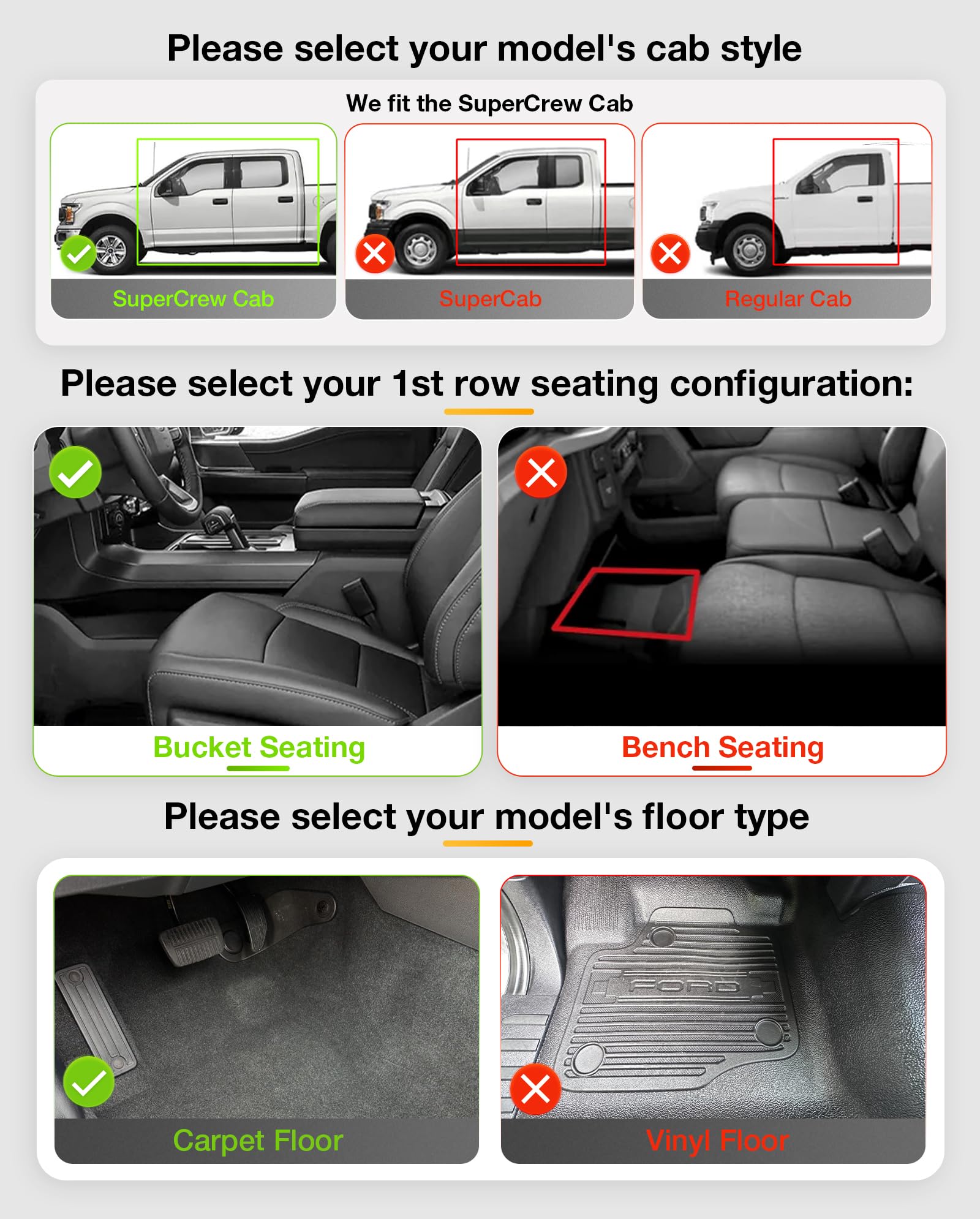 3W Floor Mats Fit For 2015-2024 2025 Ford F150 / F-150 Lightning Supercrew Cab, Tpe All Weather Heavy Duty Floor Liner Custom Fi