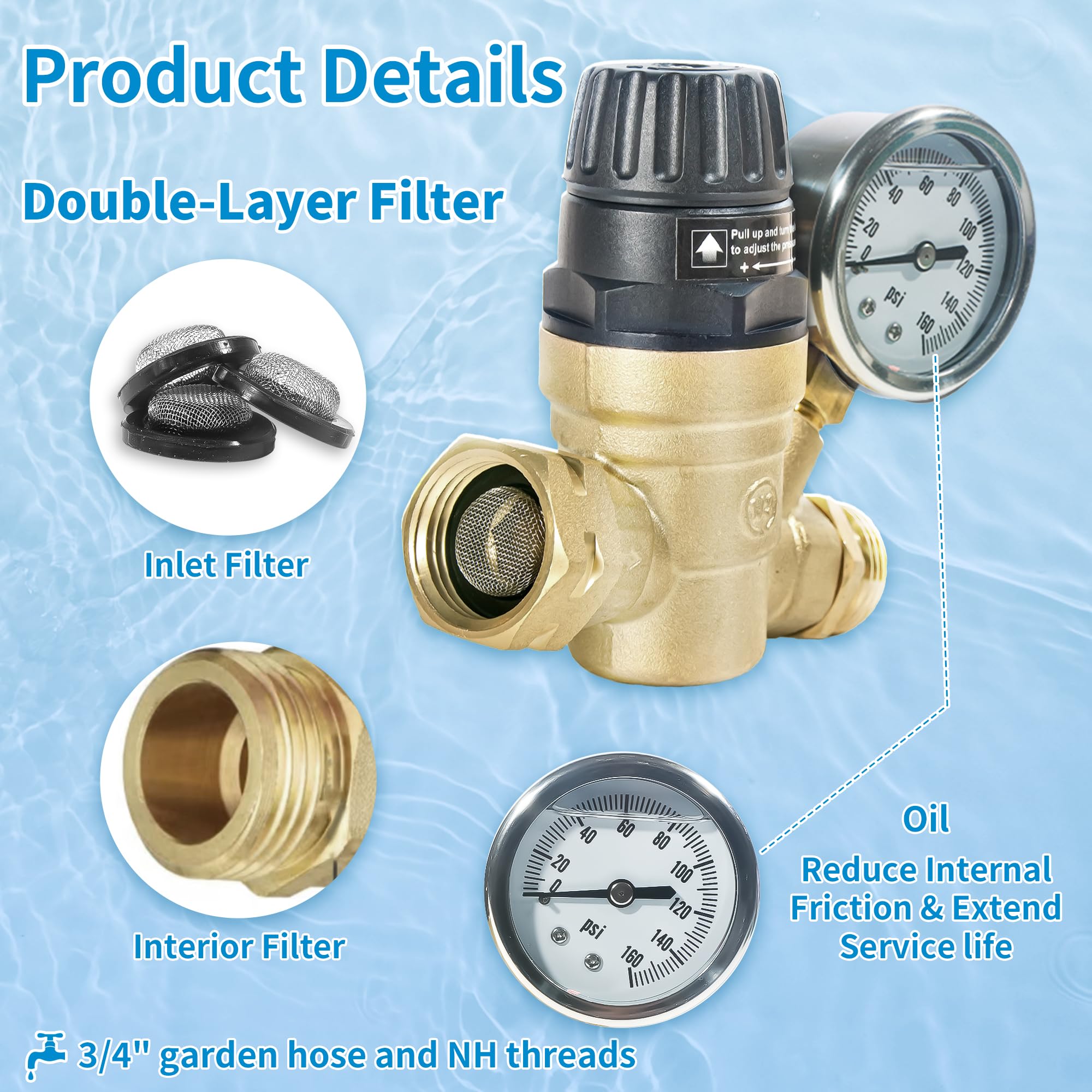 vidonio RV Water Pressure Regulator with Adjustable Handle, Lead-Free Brass Water Pressure Regulator for RV Camper with Pressure
