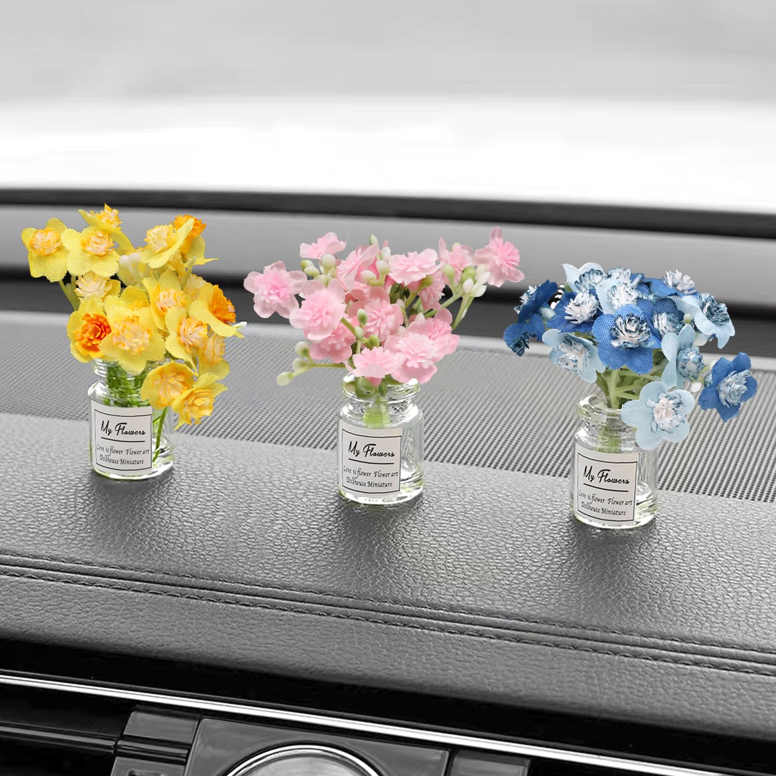 HUFIDA Flower Car Accessories Dashboard Plant Decorations, Set of 3 Mini Flowers Bouquet Car Decor for Women Aesthetic (Colorful