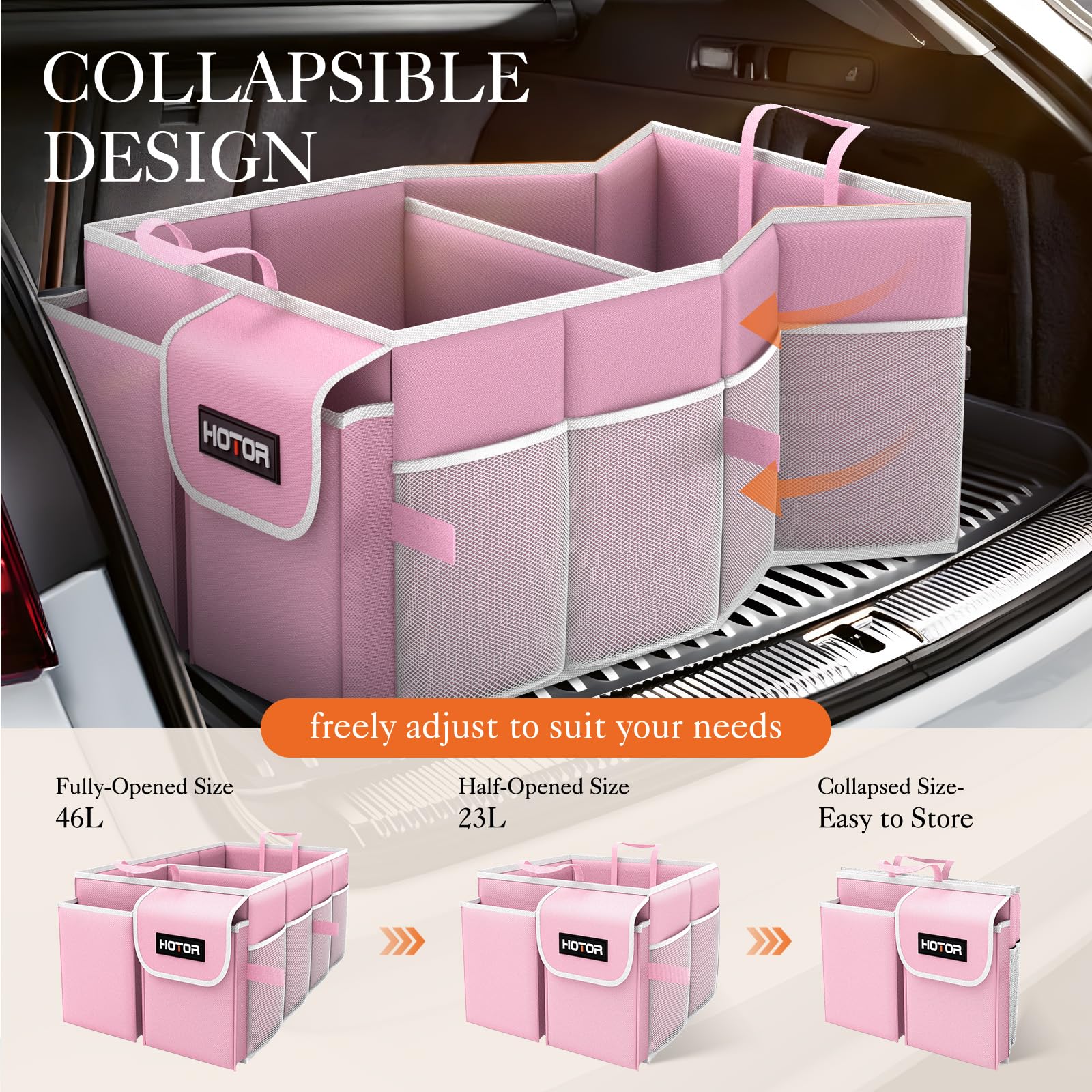 Hotor Foldable Trunk Organizer For Suvs & Sedans, Pink, 2 Compartments, 21.3 ''12.6 ''10.6