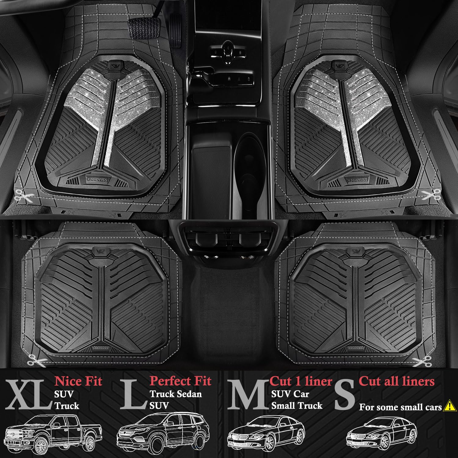 Car Pass Heavy Duty Rubber Car Mats, Deep Dish Car Floor Mats All Weather Car Mats Full Set 4-Piece Trim To Fit For Sedan Suv Tr