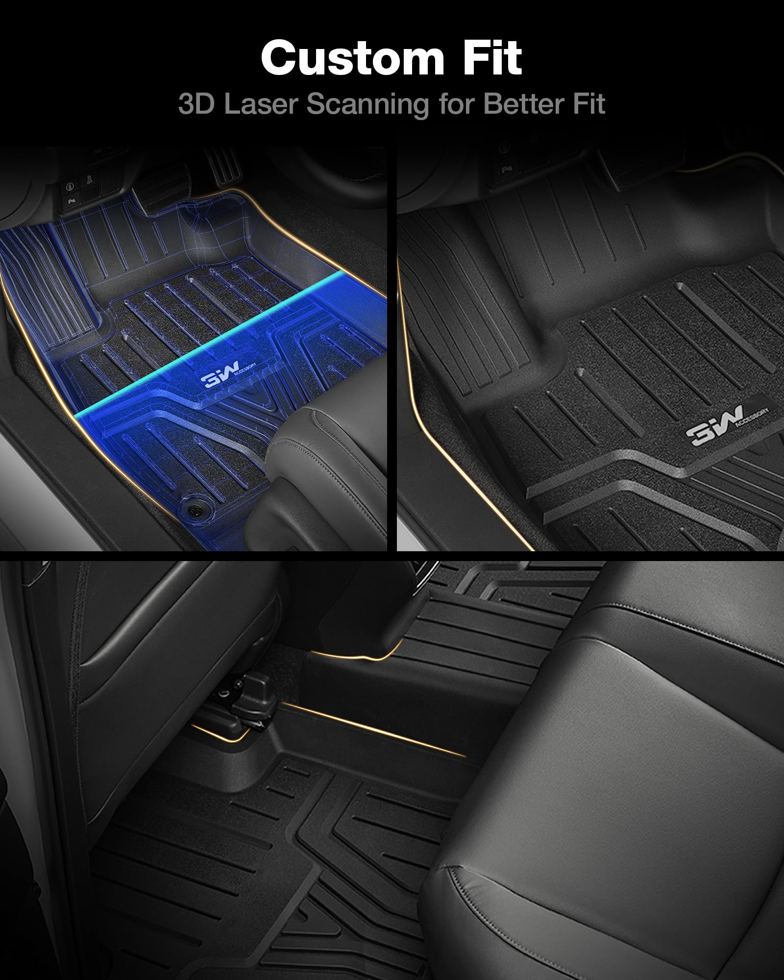 3W Floor Mats Fit For 2025 2024 2023 Honda Pilot, Custom Fit Floor Liner For 1St 2Nd And 3Rd Row Full Set Tpe All-Weather Car Li