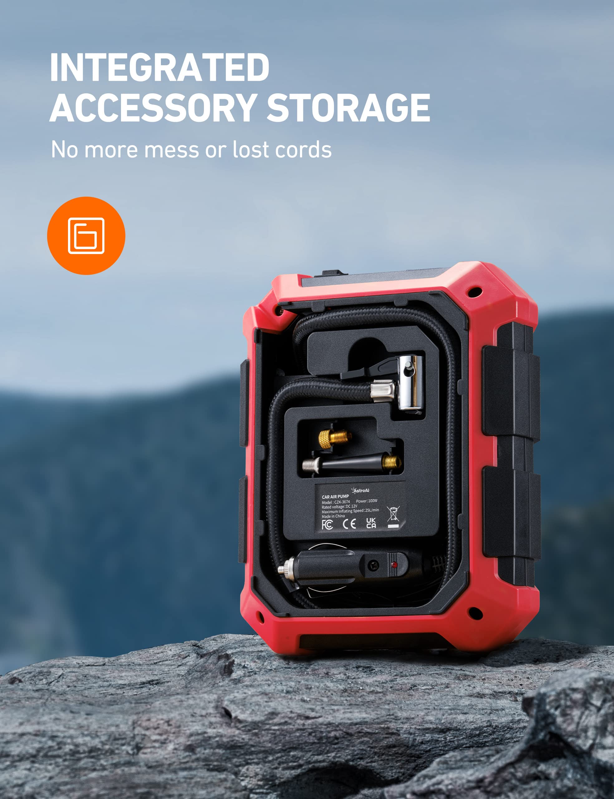 AstroAI 12V DC Tire Inflator Air Compressor - Portable Air Pump for Car Tires & Bicycles, 100PSI, LED Light, Red