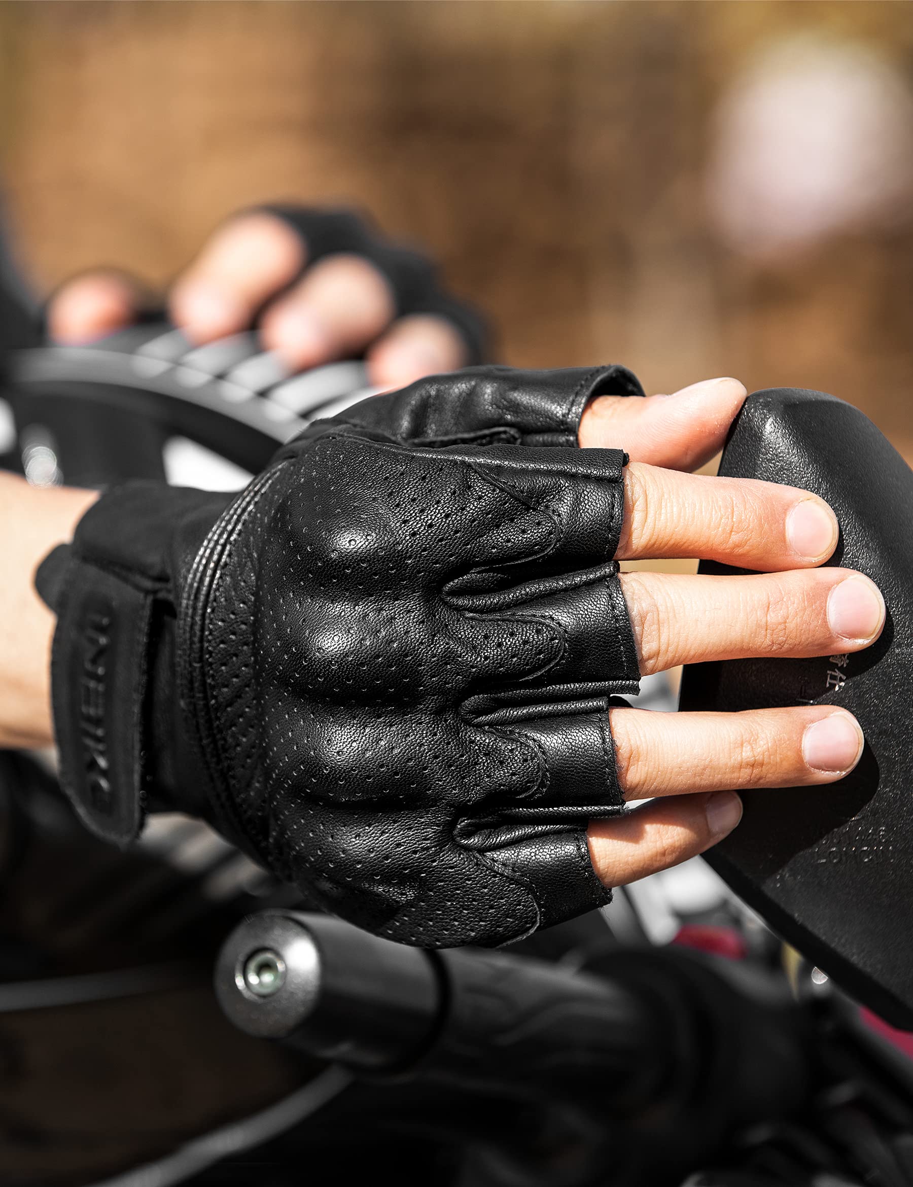 Inbike Fingerless Motorcycle Gloves Summer Breathable Goatskin Leather Wear Resistant Hard Knuckle Black Small