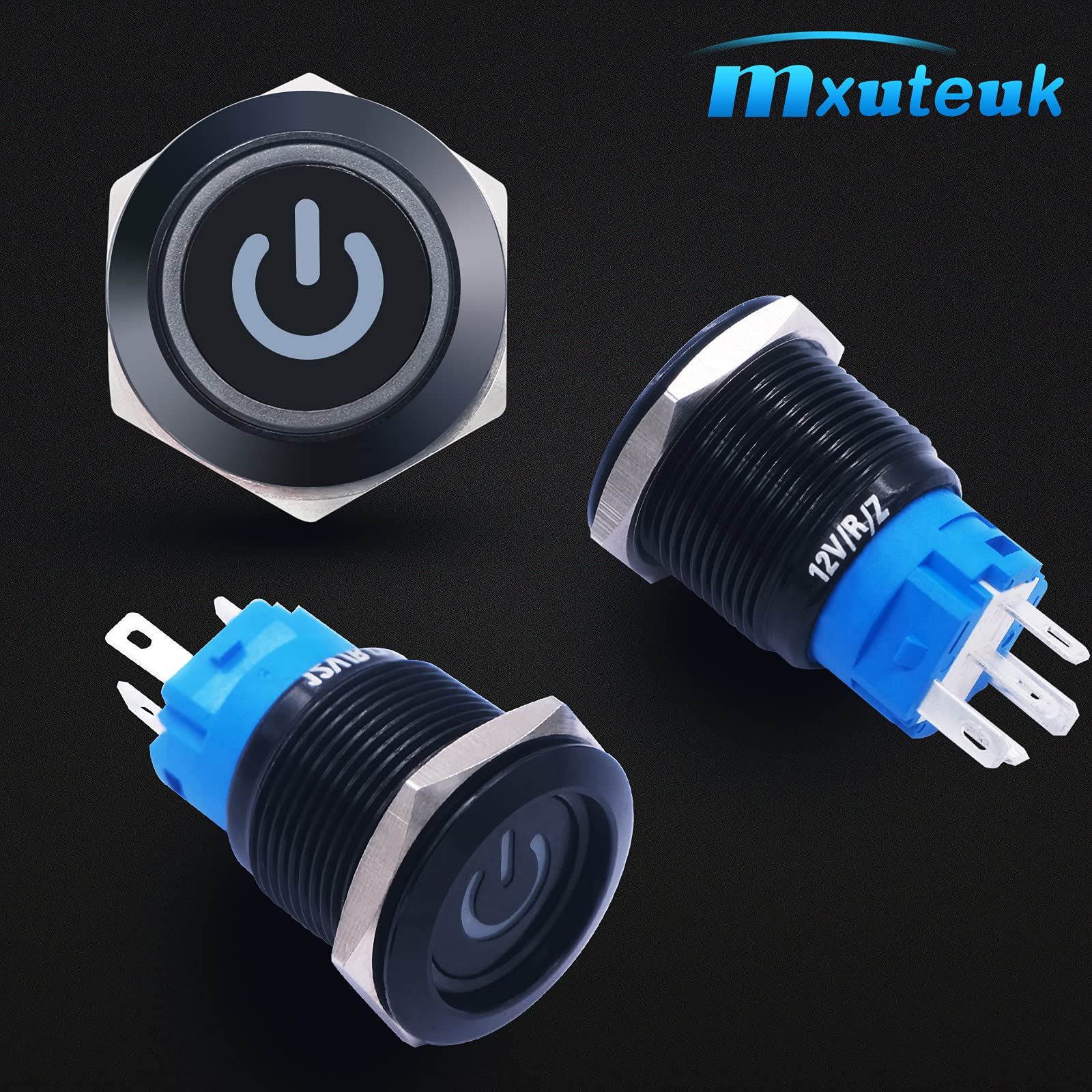 Mxuteuk 19Mm Waterproof Latching Push Button Switch 12V On/Off Switch 1No 1Nc Spdt Black Metal With Green Power Symbol Light With Wire Suitable For 3/4" Mounting Hole For Car Marine Rv L-19-Power-B-G