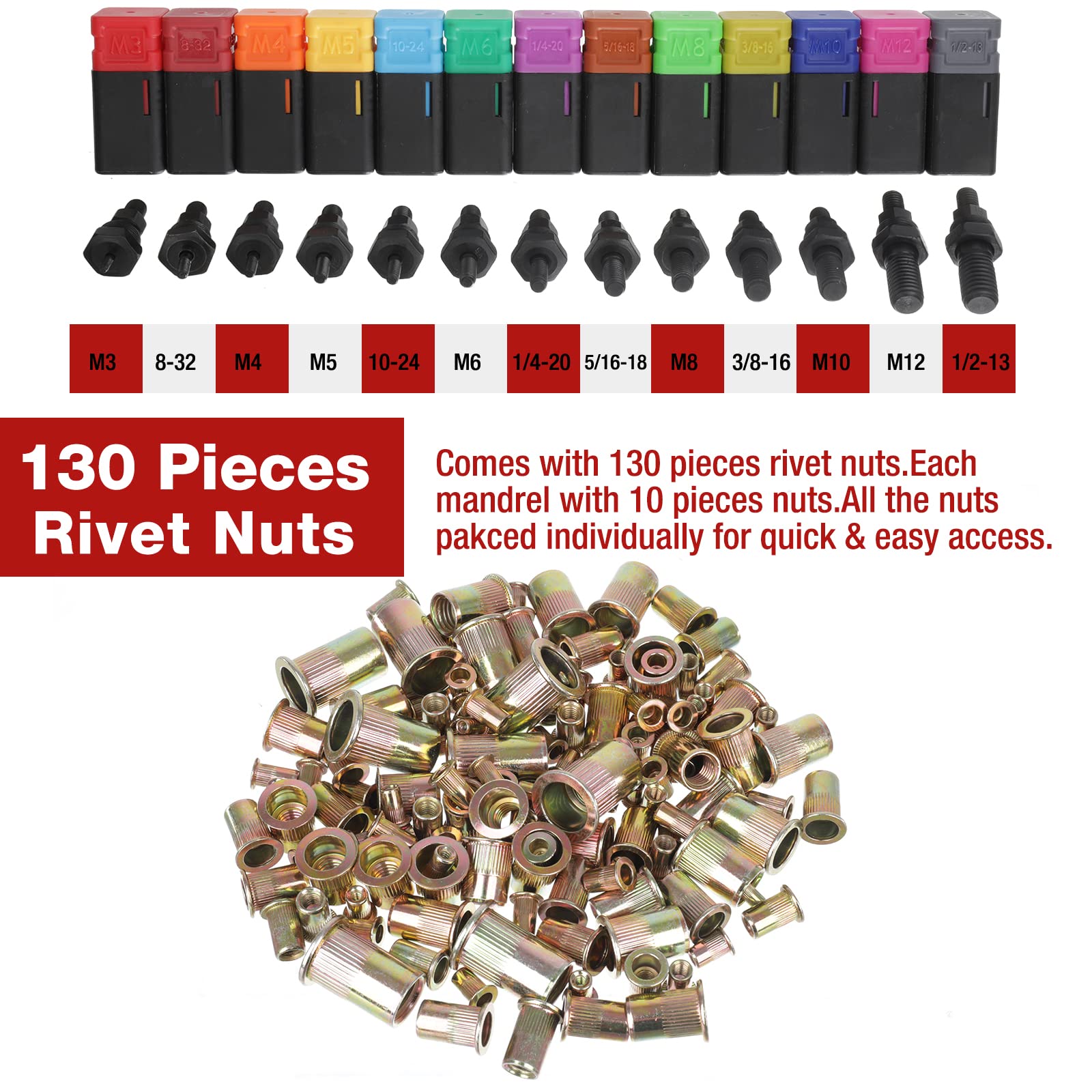Aiuitio 16'' Rivet Nut Tool, Auto Release Nut Rivnut Tool Kit With 13 Metric And Sae Mandrels, Nutsert Rivet Tool Set With 130Pcs Rivnuts,Sturdy Plastic Case - 90% Time And Effort Saving