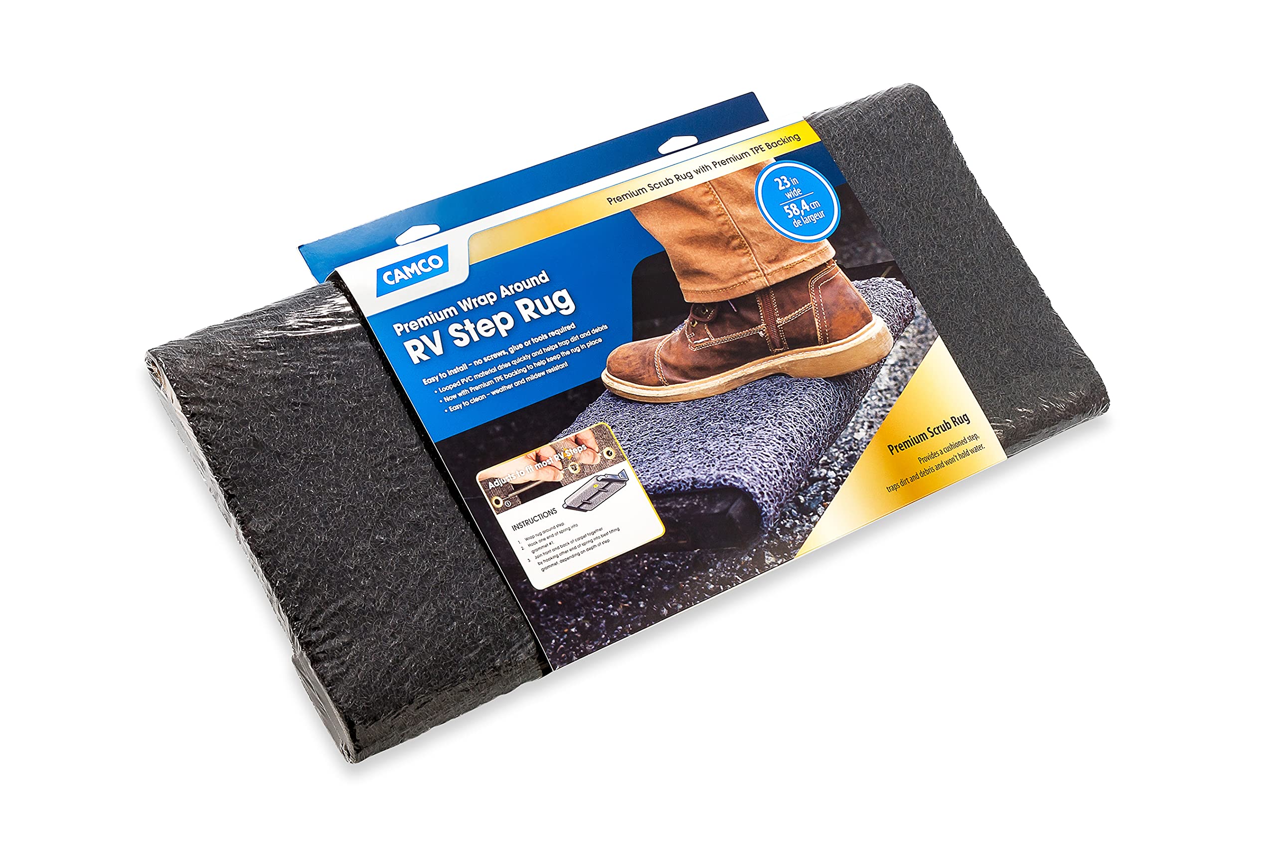 Camco Premium Wrap Around Rv Step Rug | Fits 23-Inch Wide Steps | Adjustable Depth Of 8-Inches To 11-Inches | Compatible With Manual Or Electric Rv Steps | Black (42966)