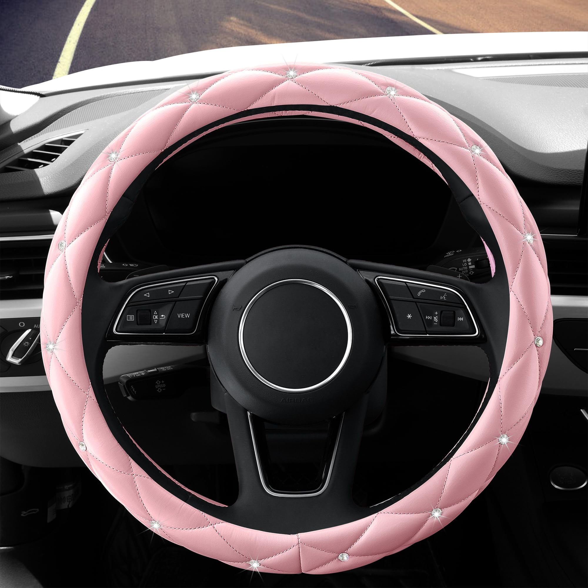 Yogurtck Cute Diamond Soft Light Pink Leather Anti-Slip Steering Wheel Cover With Bling Bling Crystal Rhinestones, Universal 15