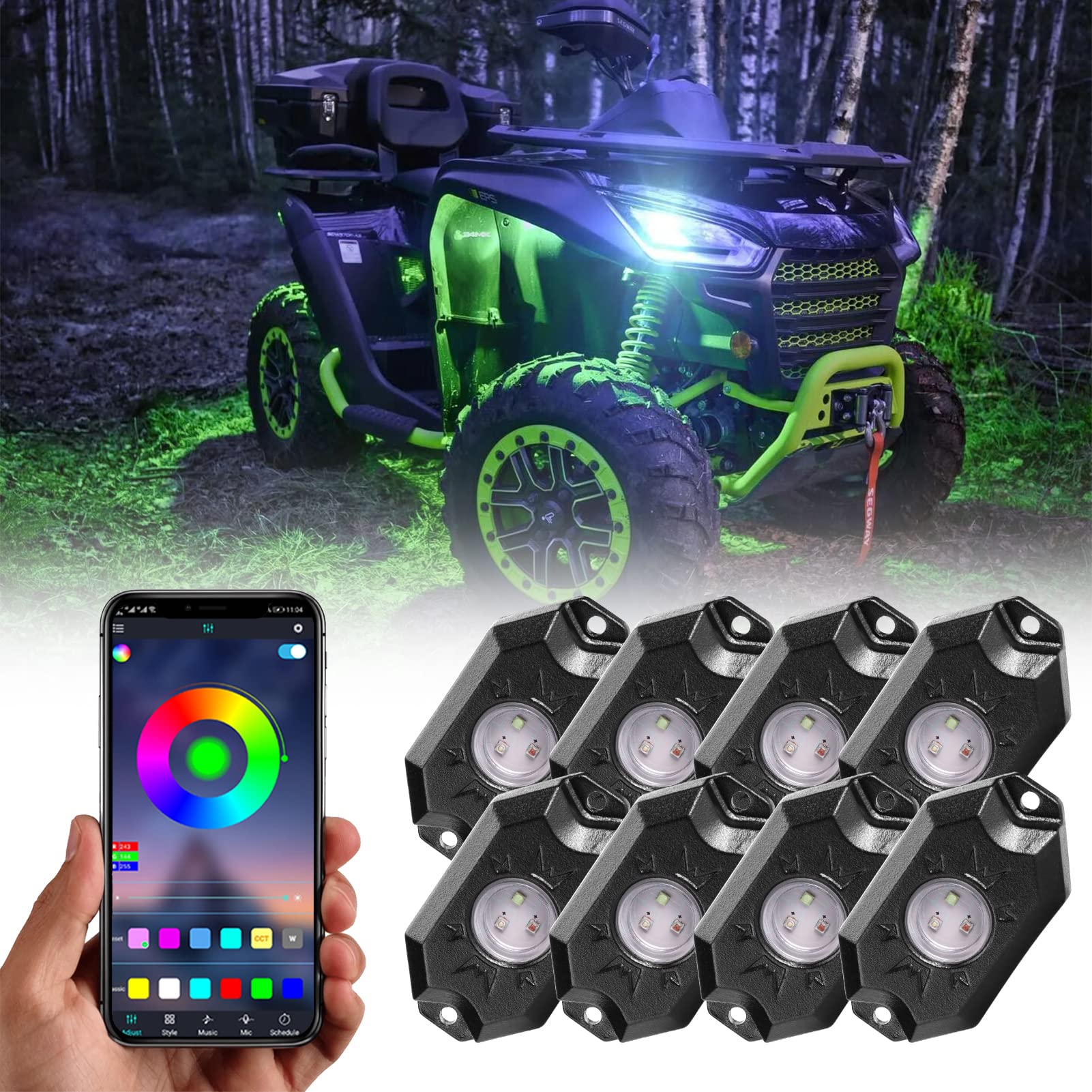Ychow-Tech Rgb Led Rock Lights, 8 Pods Underglow Multicolor Neon Light Pod With Bluetooth App Control Timing Function, Music Mode Wheel Well Light For Truck Atv Utv Rzr Suv