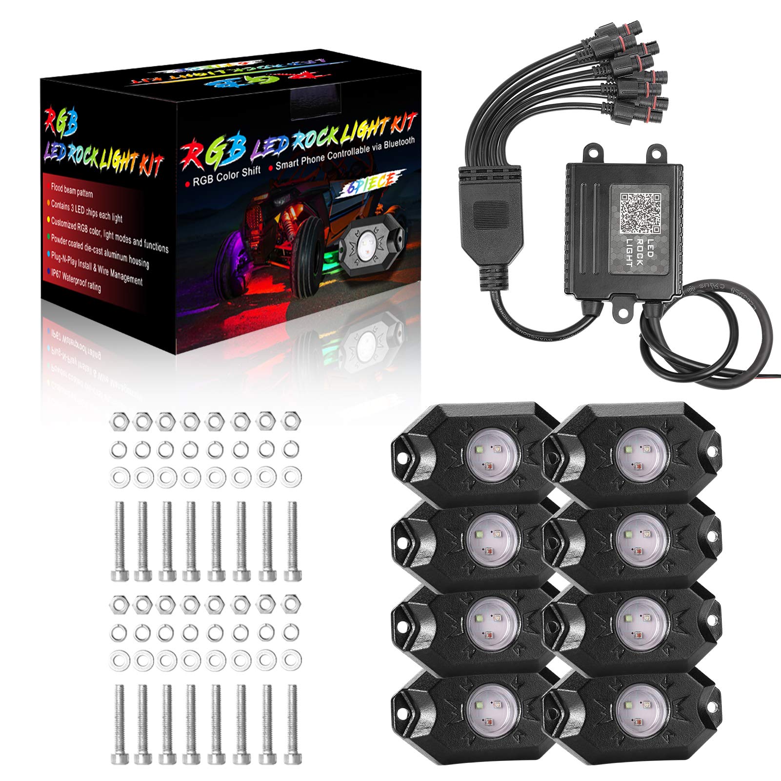 Ychow-Tech Rgb Led Rock Lights, 8 Pods Underglow Multicolor Neon Light Pod With Bluetooth App Control Timing Function, Music Mode Wheel Well Light For Truck Atv Utv Rzr Suv