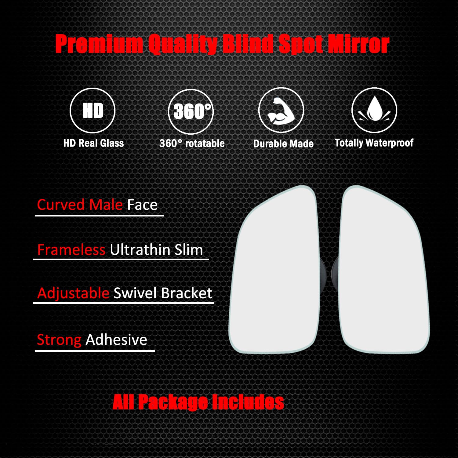 Ampper Large Rear View Blind Spot Mirror, Frameless Hd Glass Convex Wide Angle Stick On Wing Blindspot Mirror Rearview Car Mirro