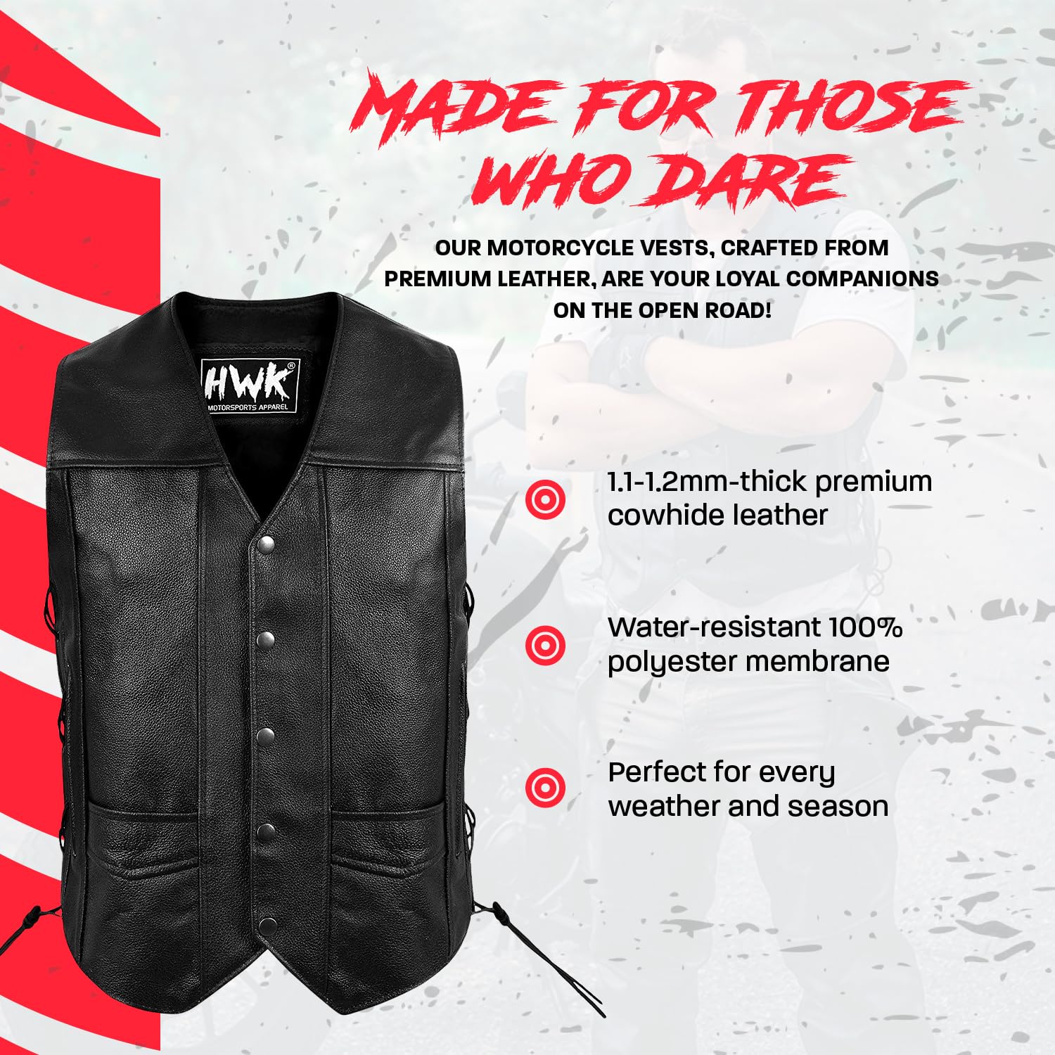 Hwk Leather Motorcycle Vest For Men And Women With Concealed Carry Pocket, Black Genuine Leather Vest With 100% Polyester Lining