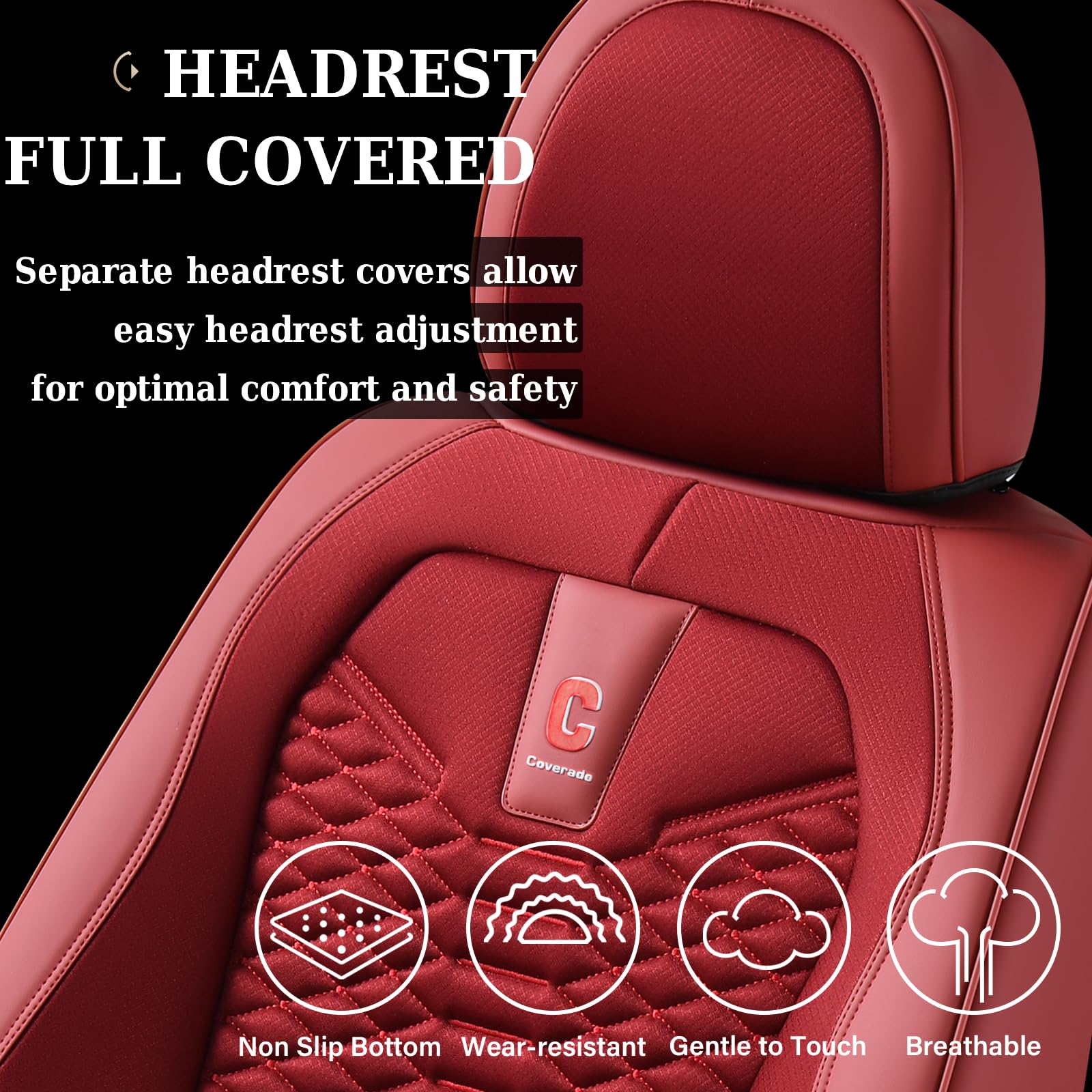 Coverado Car Seat Covers Full Set, Red Seat Covers For Cars 5 Seats, Breathable Fabric& Faux Leather Car Seat Cushions, Front An