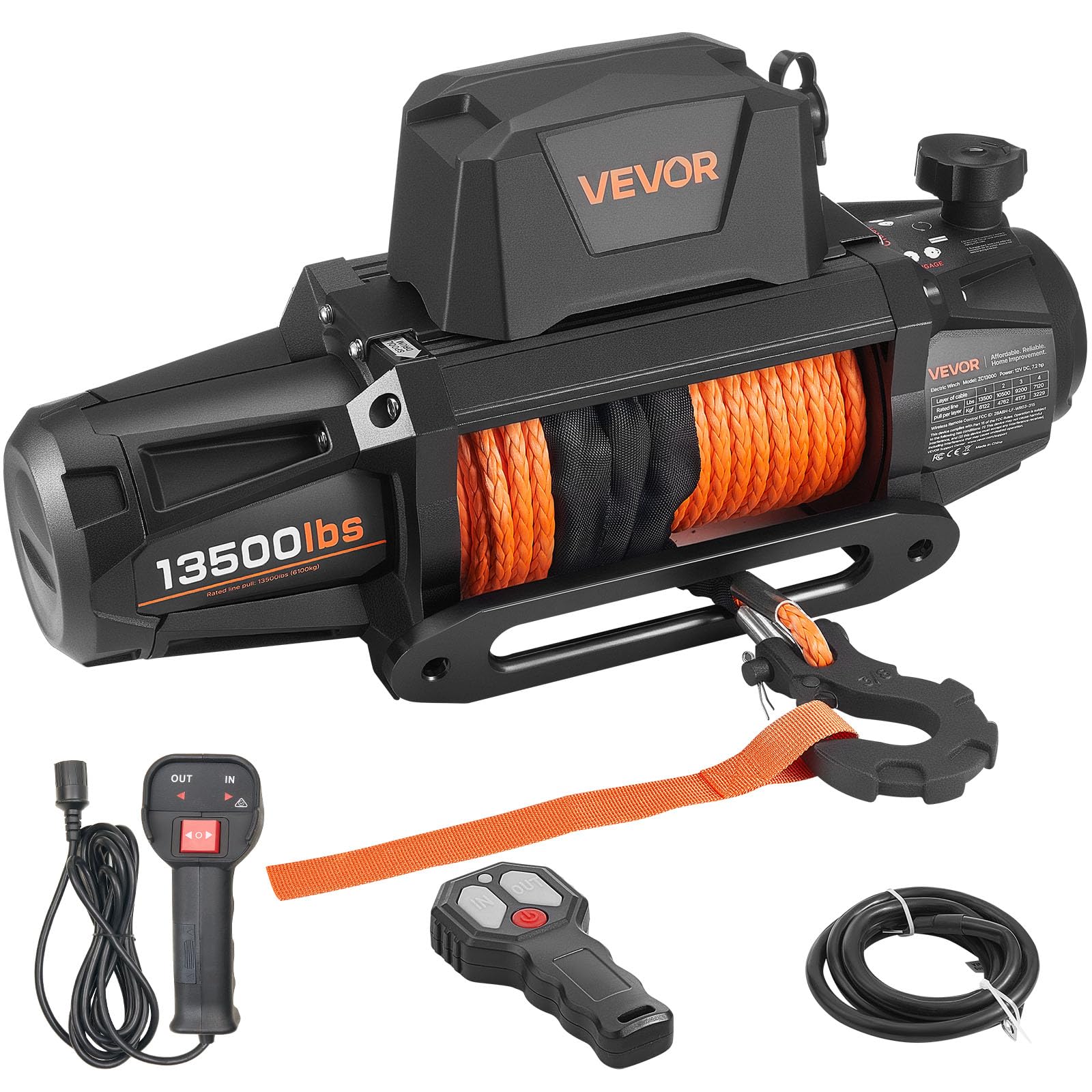 VEVOR Electric Winch, 13500 lbs Load Capacity, 12V DC Truck Winch with F3/8 in x 92 ft Synthetic Rope, Wireless & Wired Remote C