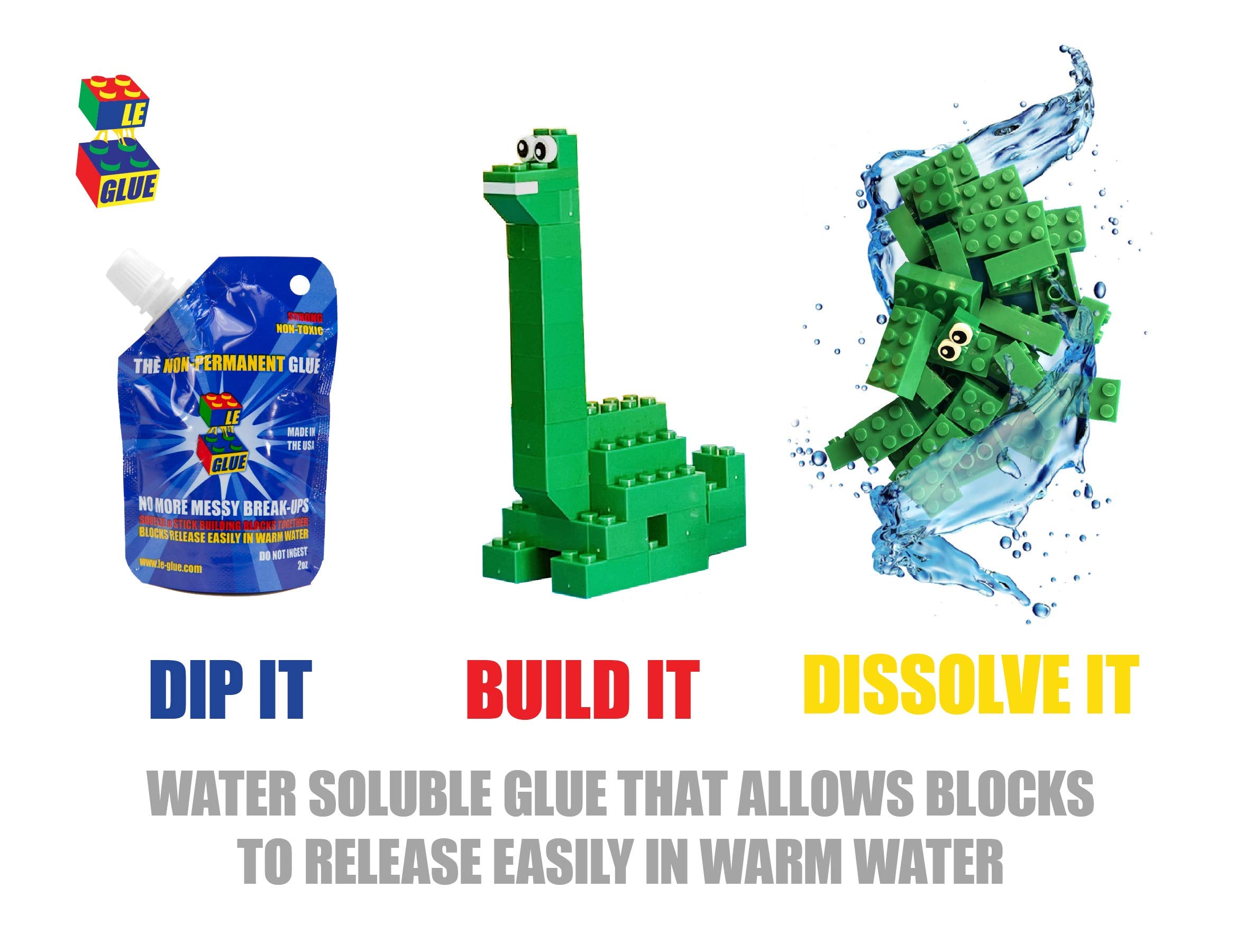 Le-Glue Temporary Adhesive - 3 Pack, Clear, Non-Toxic, Safe for Kids, Ideal for Plastic Building Blocks