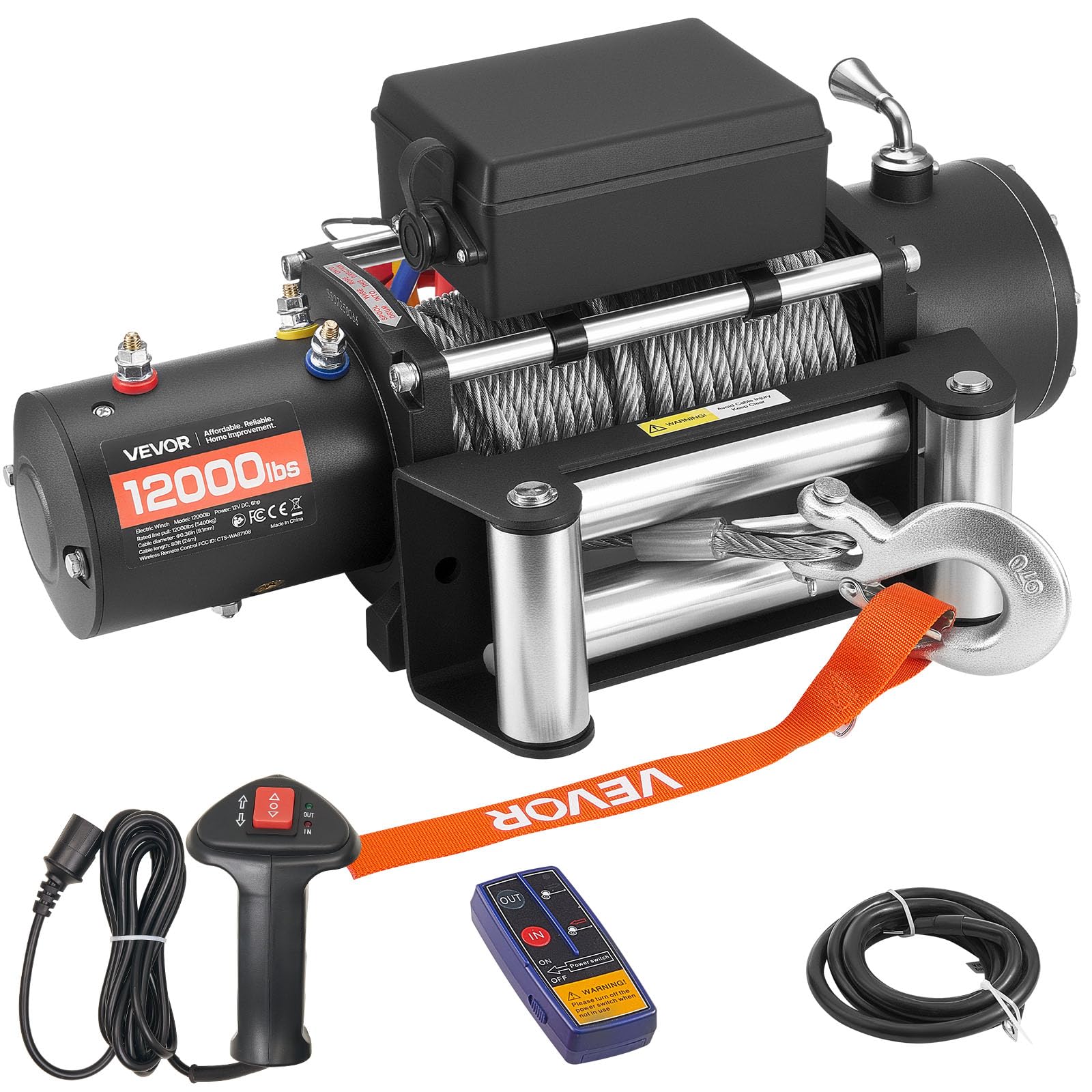 VEVOR Electric Winch, 12000 lbs Load Capacity, 12V DC Truck Winch with F0.36 in x 80 ft Steel Rope, Wireless & Wired Remote Cont