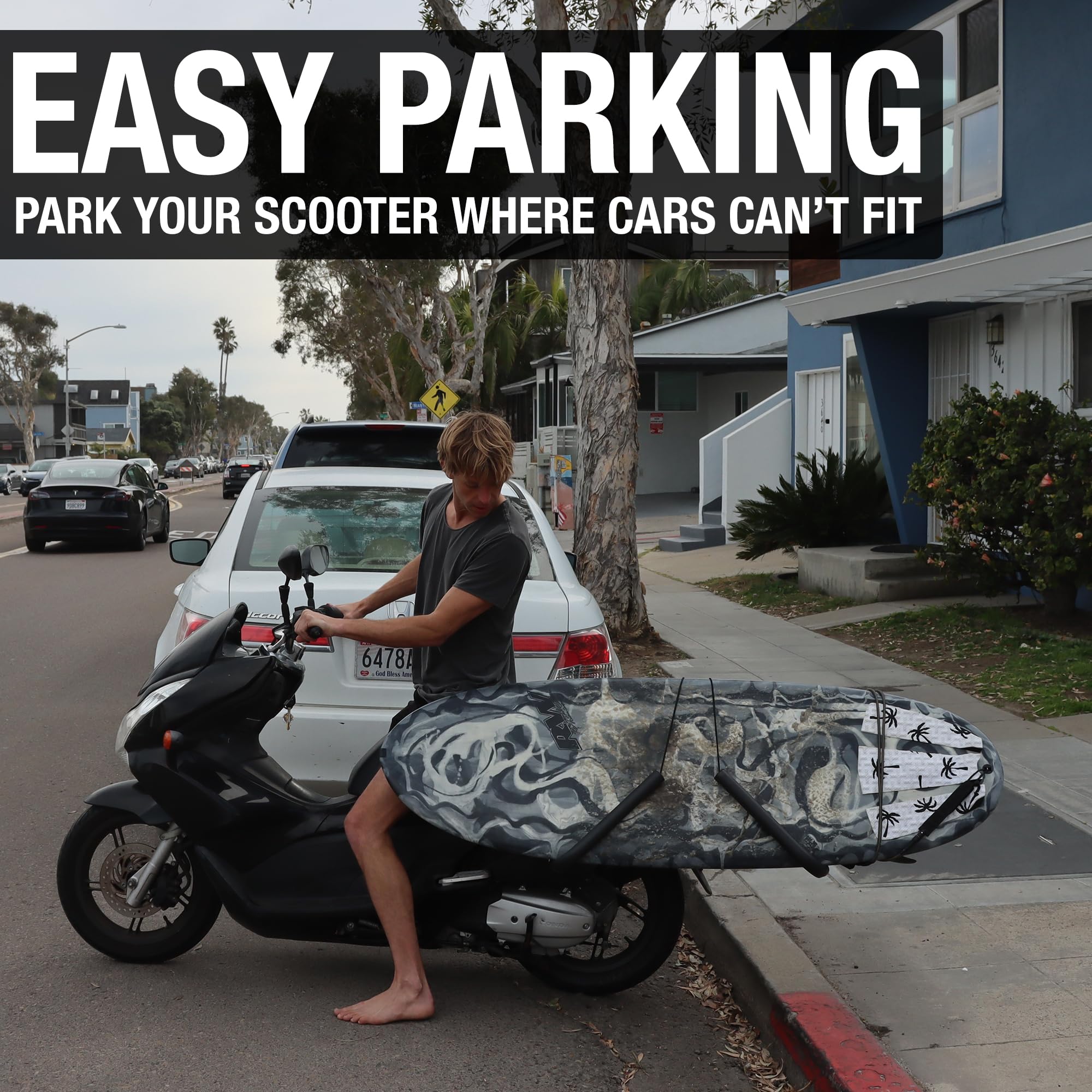 Scooter/Moped/eBike Surfboard Rack - Easy Install for Most Scooters - Less Gas, Easy Parking - for Surf Boards 8 Feet or Shorter