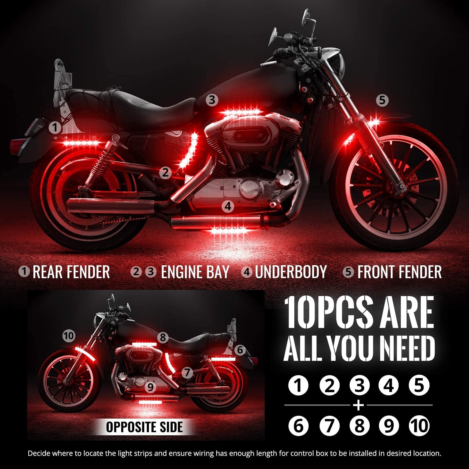 OPT7 Aura Motorcycle LED Accent Lighting Kit, RGB Multi-Color Lights Kit with Remote, Motorcycle Lights Underglow Strips Accesso