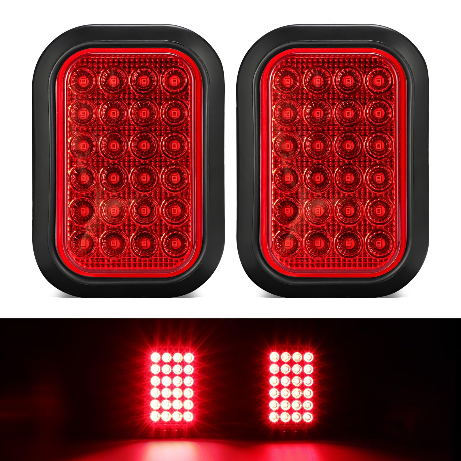 Partsam 2X 5x3 Rectangle Stop Turn Tail Running Lights Red Lens 24LEDs LED Truck Trailer Hitch Tail Lights Sealed Flush Mount 3 