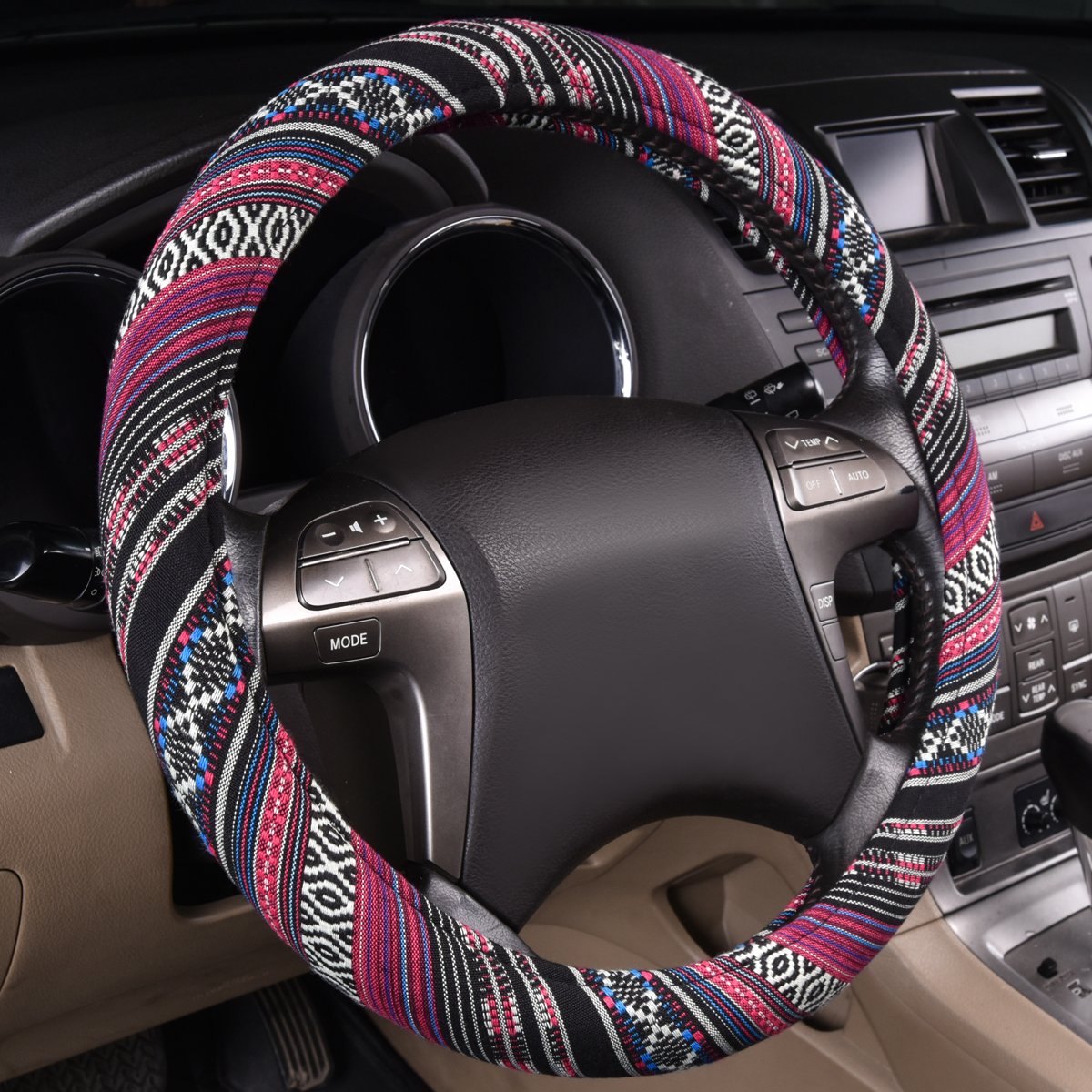Car Pass Boho Steering Wheel Cover, Ethnic Flax Cloth Universal Steering Wheel Cover,Anti-Slip Design,Most Of Vehicles,Cars,Suv,