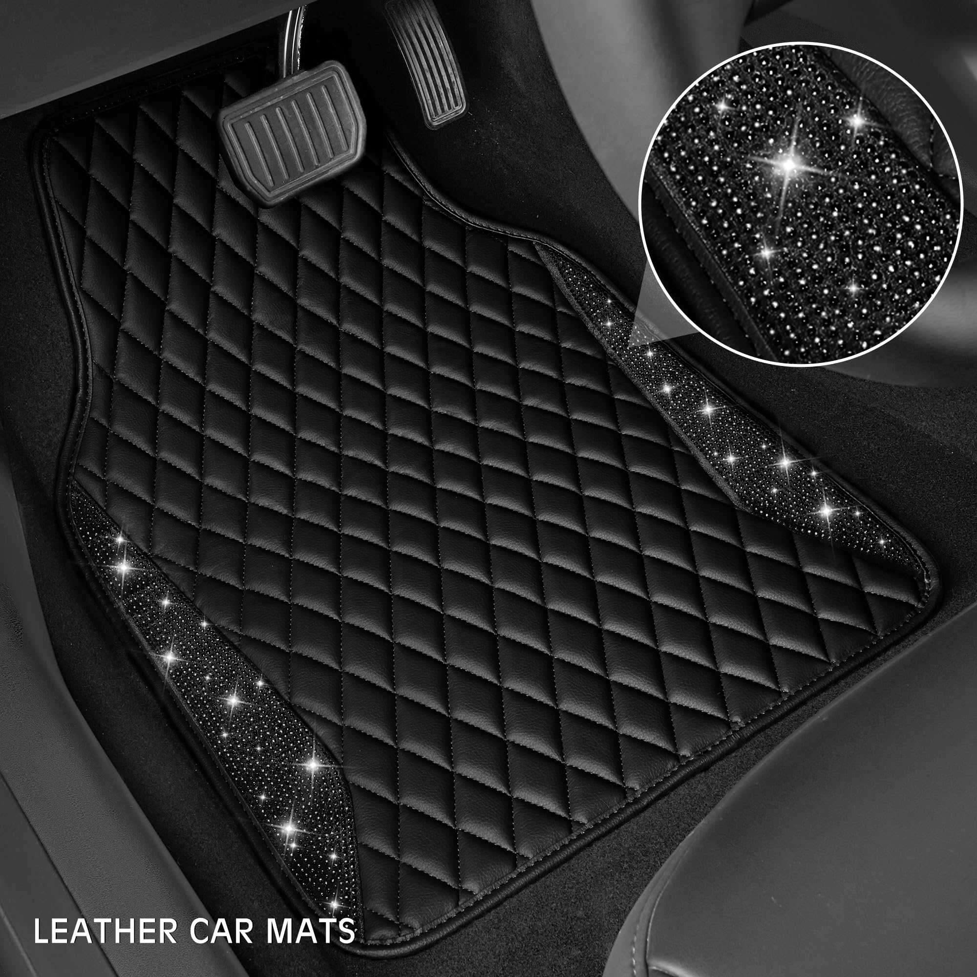 CAR PASS Bling Leather Car Mats Shining Diamond Floor Mats Sparkly Glitter Crystal Rhinestones Carpet Anti-Slip Waterproof Pad U