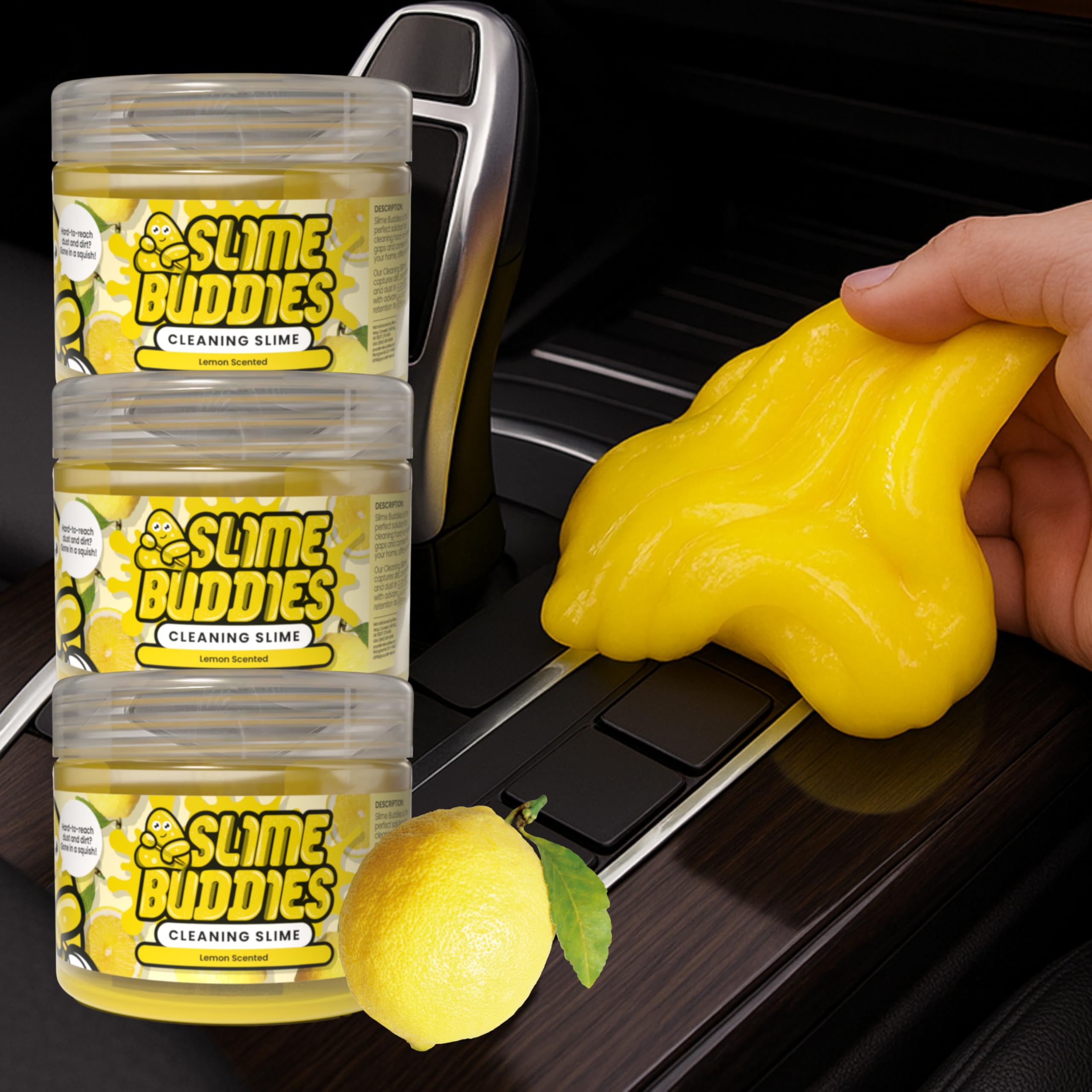 Slime Buddies Car Cleaning Gel Putty - 3 Pack Lemon Scented Interior Detailing Tool for Cup Holder, Air Vent & Keyboard - Reusab