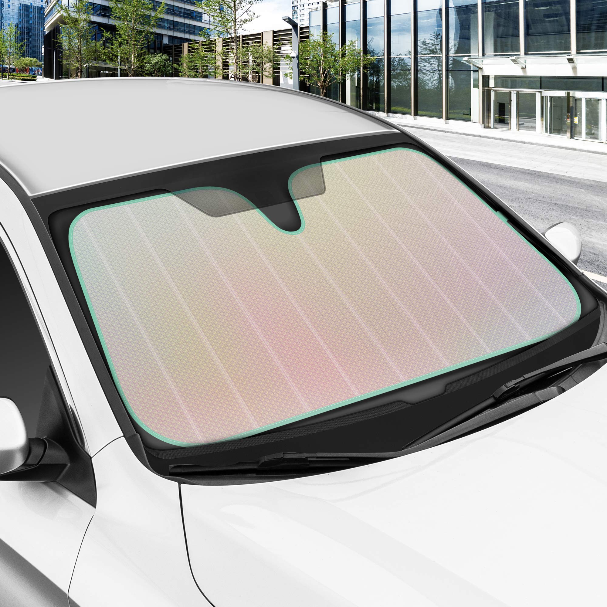 Iridescent Matte White Front Windshield Sunshade-Accordion Folding Auto Shade For Car Truck Suv-Blocks Uv Rays Sun Visor Protector-Keeps Your Vehicle Cool- 58 X 27 In