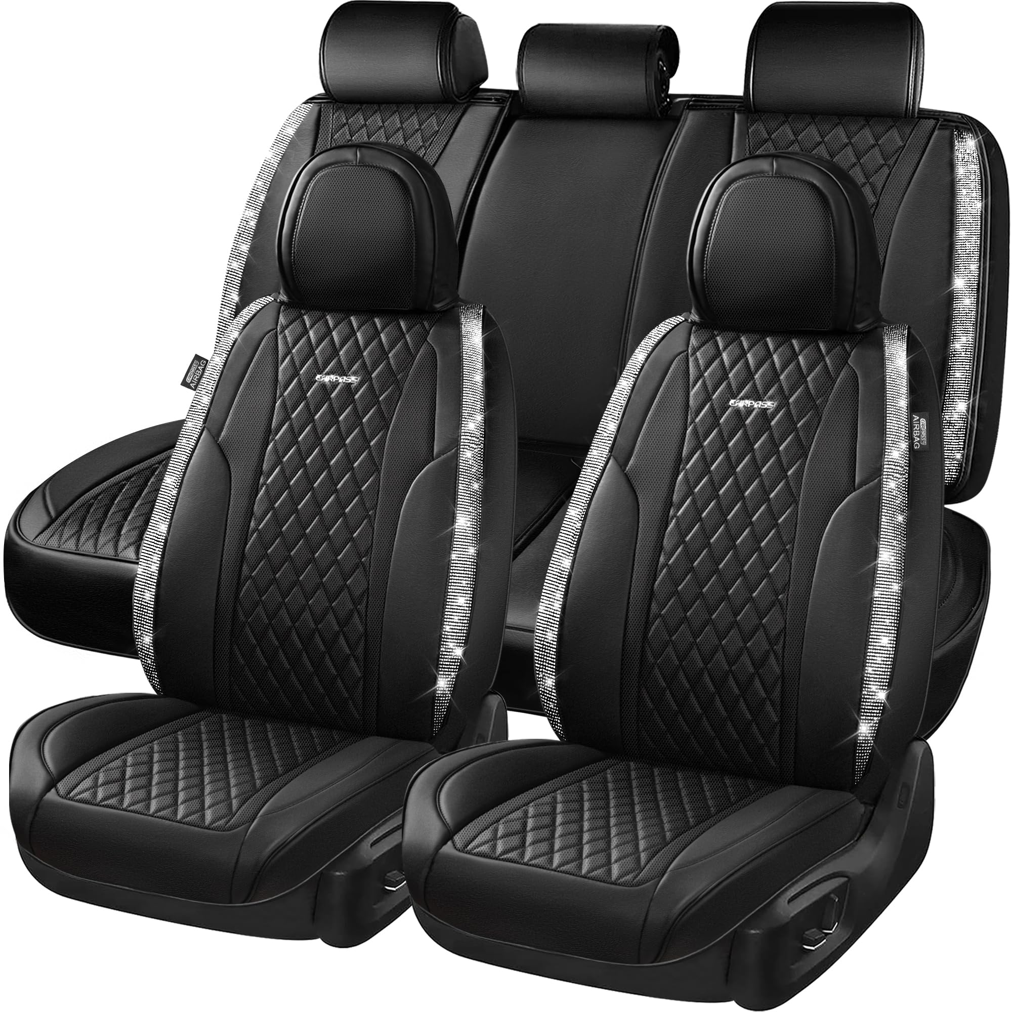 Car Pass Bling Leather Car Seat Covers & Black Nappa Leather Calfskin Seat Cushioned Protector, Waterproof Anti-Slip Universal F