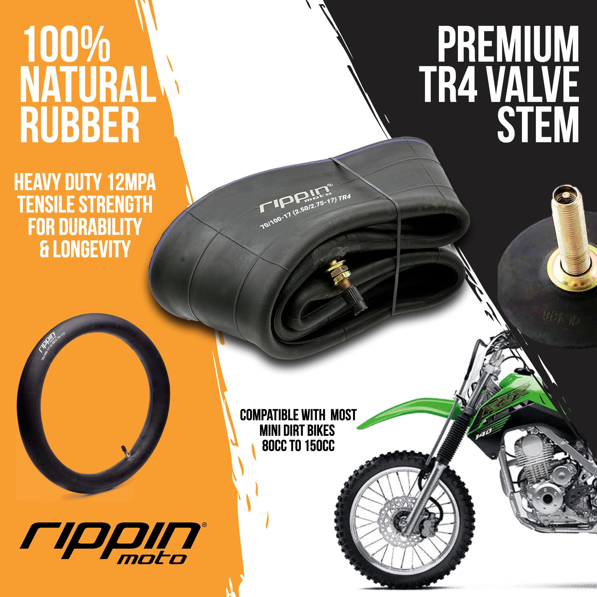 Rippin Moto 2.50/2.75-17 Heavy Duty Dirt Bike Inner Tube (70/100-17) 3.0mm Thick - TR4 Valve - Fits Most 17'' (2.50/2.75 x 17) T