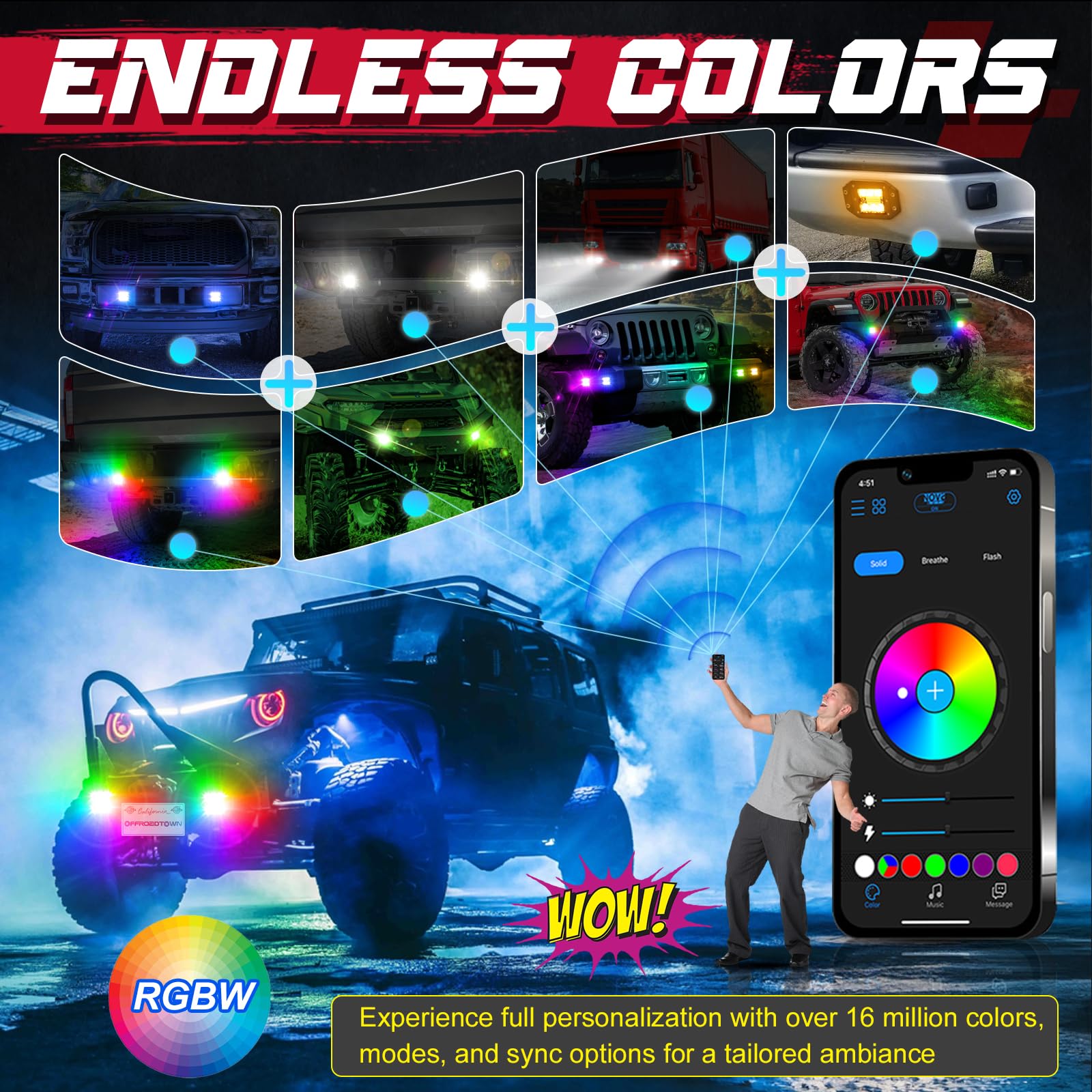 Offroadtown Rgbw Flush Mount Led Lights, 5Inch 60W Rgbw Led Driving Work Flush Fog Off Road Lights For Truck Pickup Utv Atv Suv