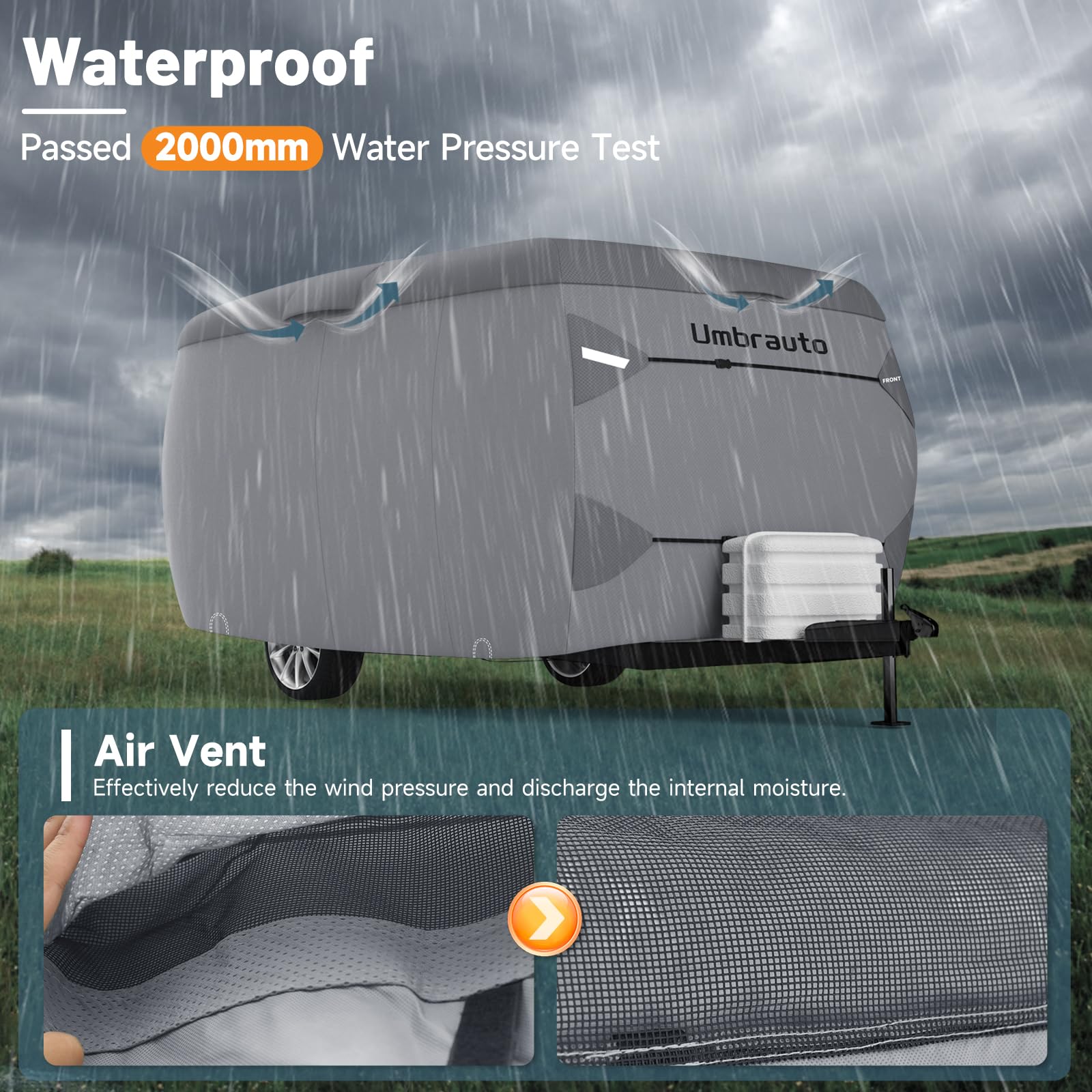 Umbrauto Upgraded Fiberglass Travel Trailer Cover Fits 8'-10' Trailers, Windproof 7 Layers Top Camper Rv Cover With Windproof St