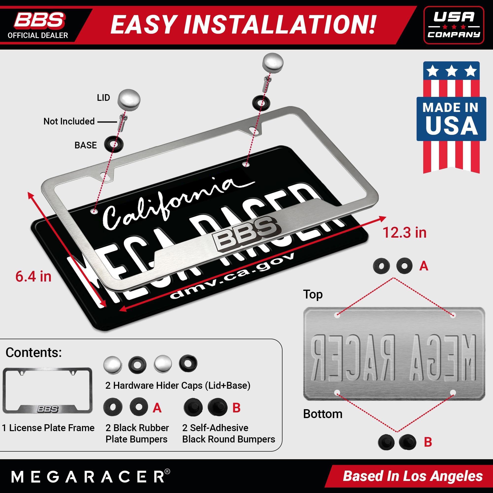 Mega Racer BBS License Plate Frame - Brushed Chrome Stainless Steel, Rustproof, Universal Fit, 1 Piece
