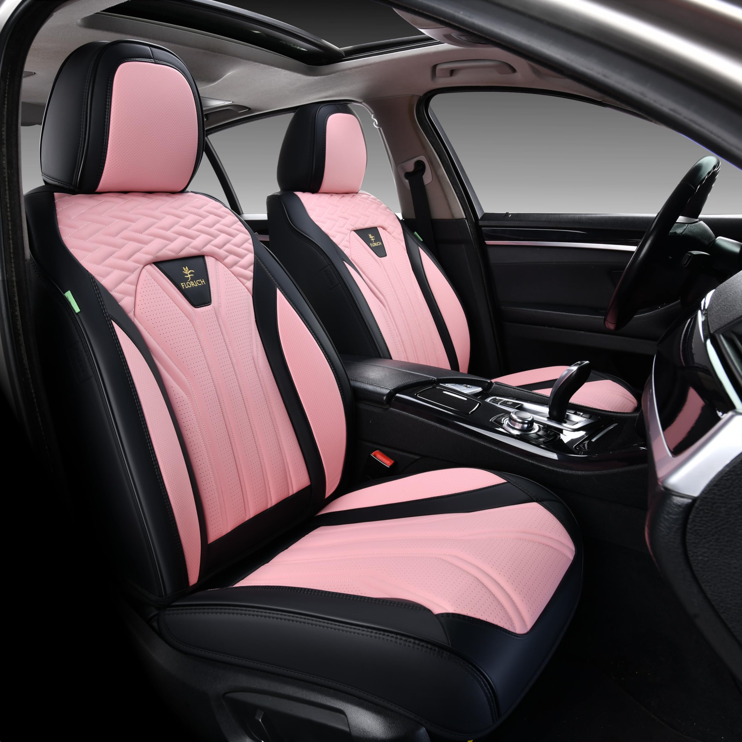 Florich Automotive Front Seat Covers For Cars, Waterproof Pink & Black Seat Covers, Leather Car Seat Covers 2 Pack, Universal Se
