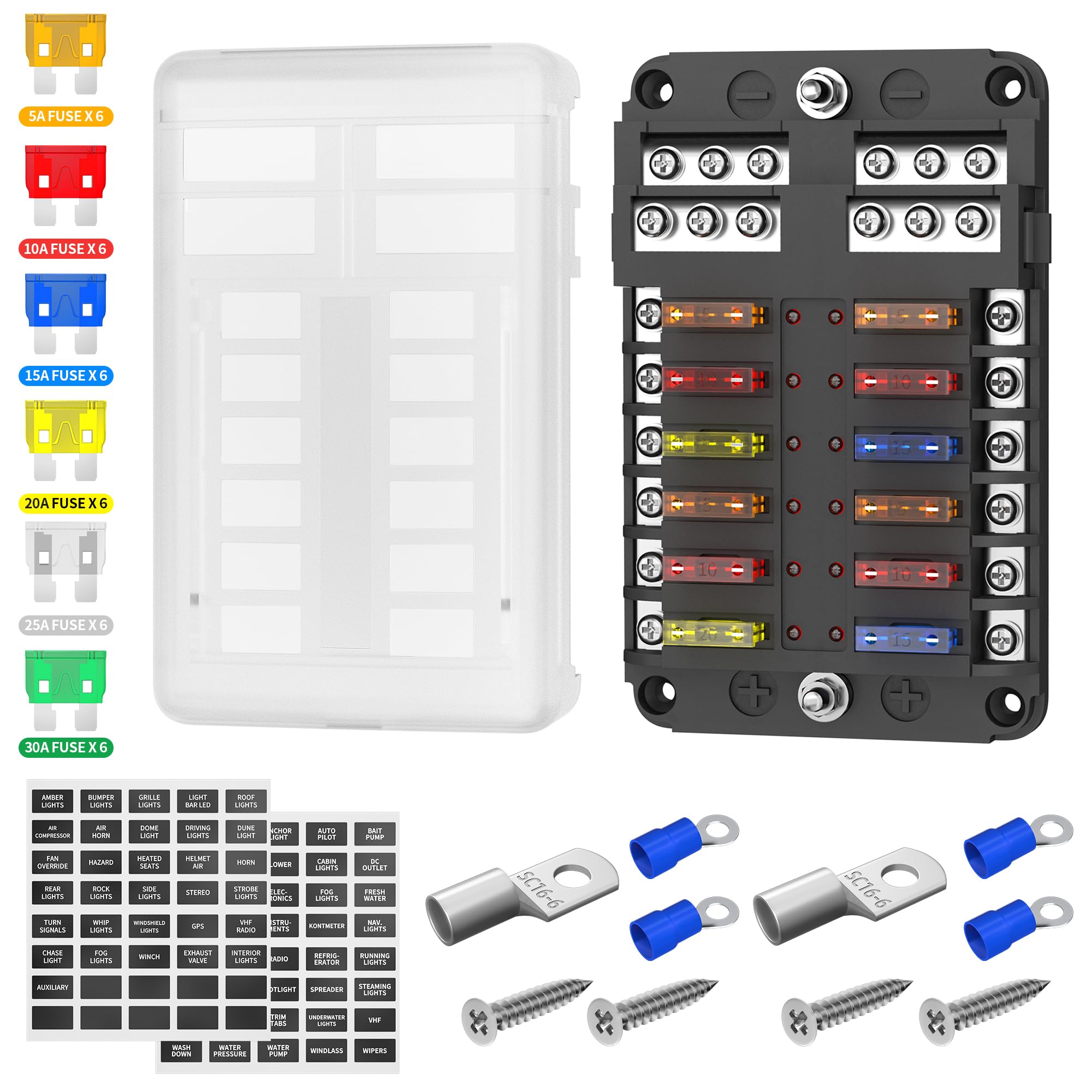Daiertek 12 Way Fuse Block, 12 Volt Blade Fuse Block With Led Indicator 12 Circuit Fuse Box 12V Ato/Atc Marine Fuse Panel 24V Wi