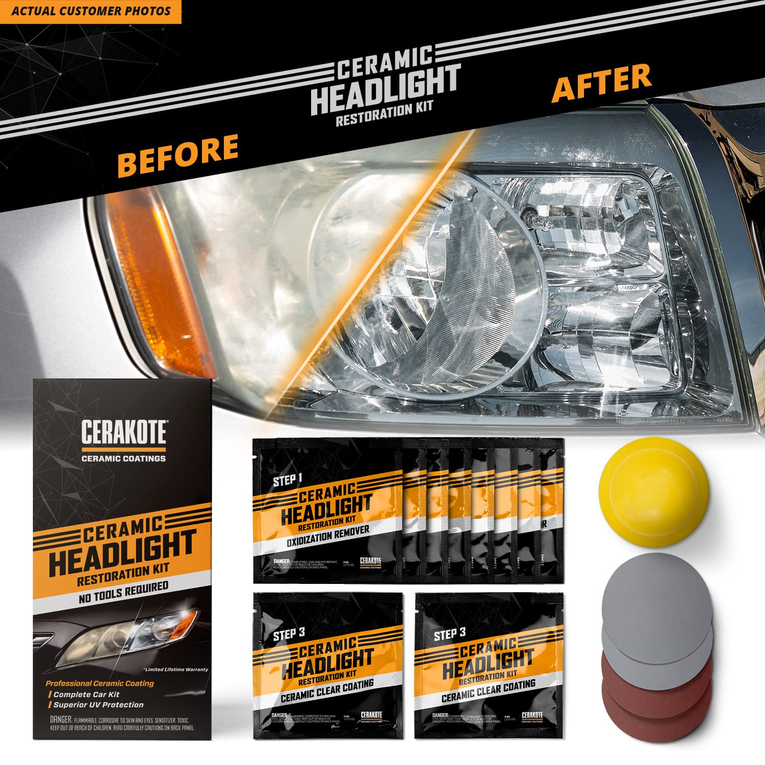 Cerakote® Ceramic Headlight Restoration Kit - Guaranteed To Last As Long As You Own Your Vehicle - Brings Headlights Back To Like New Condition - 3 Easy Steps - No Power Tools Required
