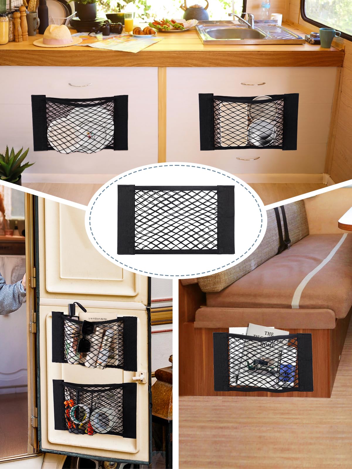 Bigmeta 2PCS RV Cargo Storage Mesh Net, Elastic Stretchable Netting Pocket with 4 Adhesive Strip Wall Sticker for SUV, Truck(17.