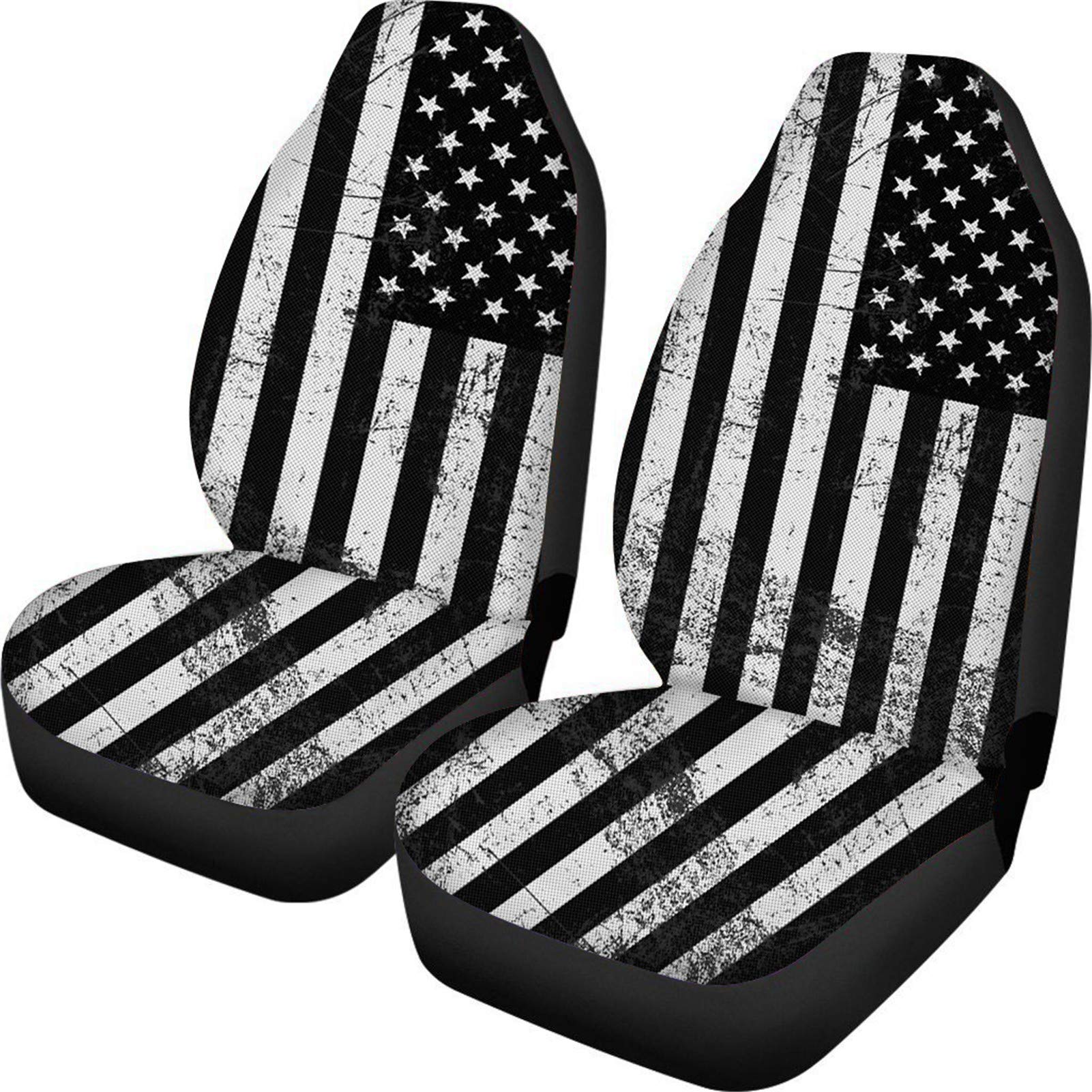 ELEQIN Patriotic American Flag Print Front Seat Cover 2 Pcs,Classic Black White Universal Vehicle Seat Protector Mat Covers, Fit