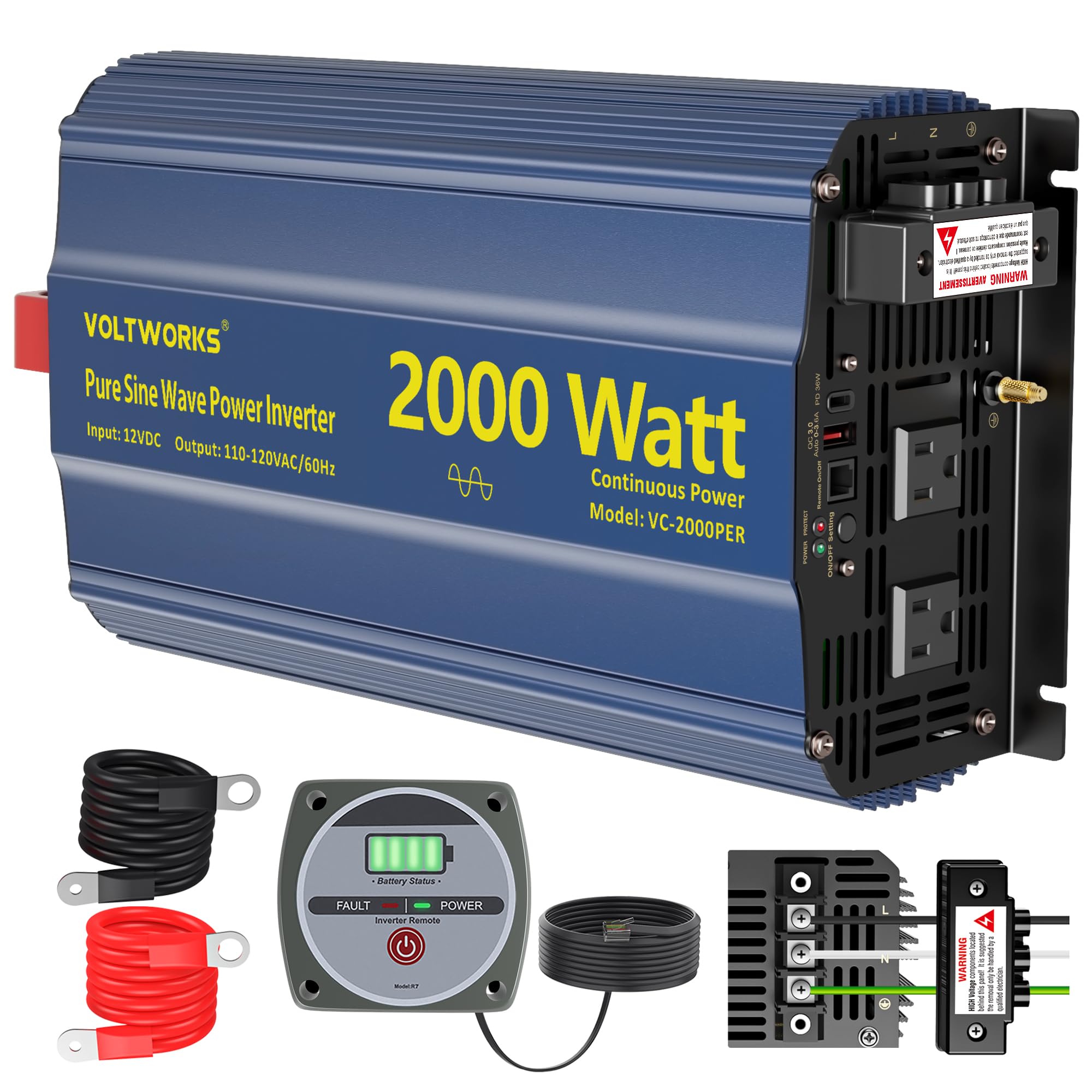 Power Inverter 2000Watt Pure Sine Wave Inverter 12V to 110V 120V AC with PD36W USB-C 40A AC Terminal Blocks Builtin UL Fuse Comp