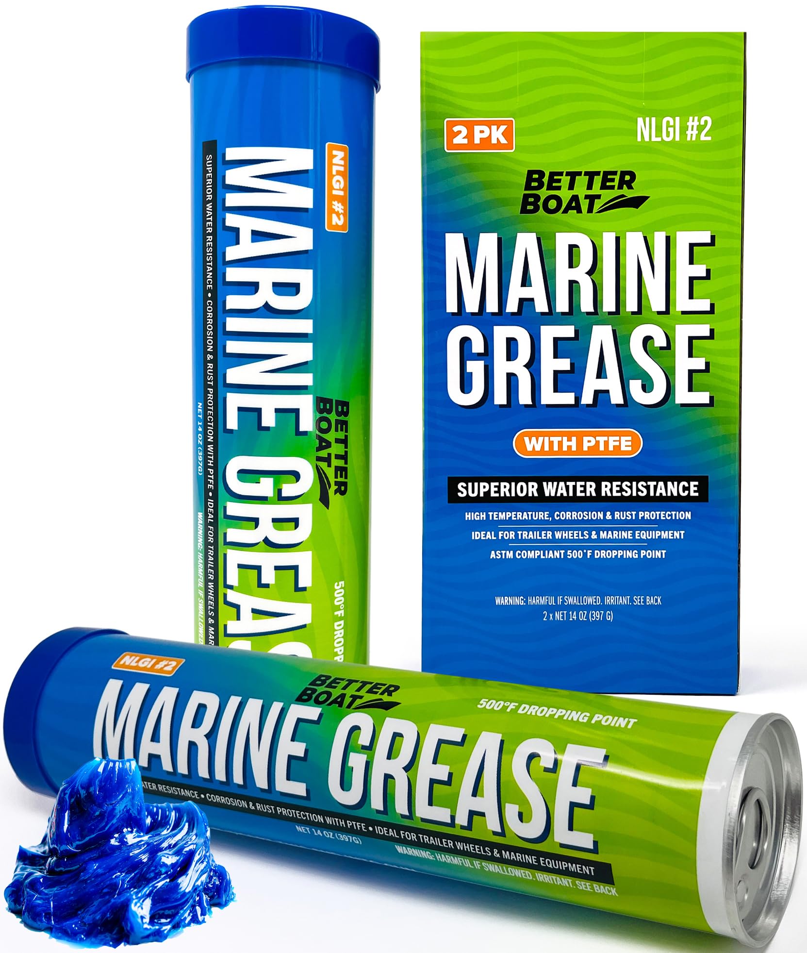 Better Boat Marine Grease Tube, 2 Pack 14 Oz, Waterproof High Temp Trailer Bearing Lubricant, NLGI 2, Compatible with Grease Gun