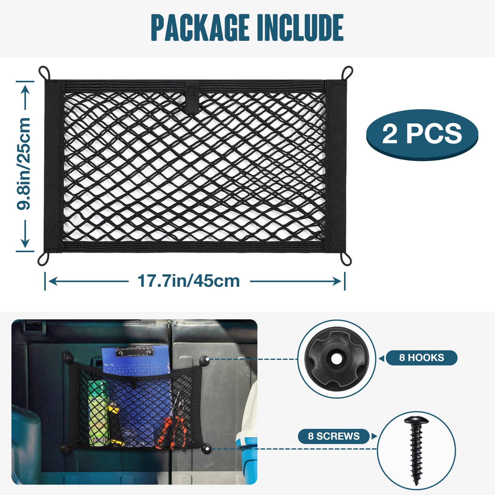 Tobwolf 2Pcs 25X45Cm/9.8X17.7In Cargo Storage Net With Mounting Screws, Elastic Storage Mesh Pocket Netting, Built-In Hooks Auto