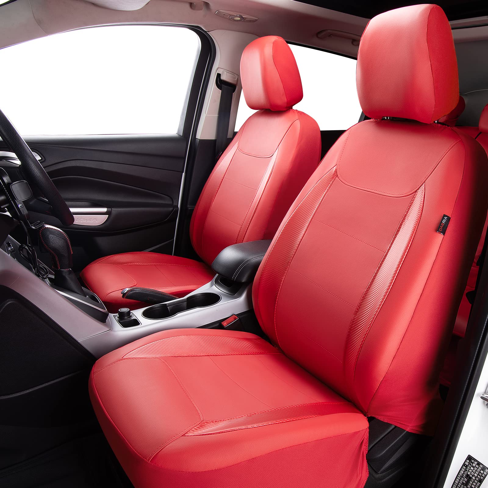 Flying Banner Car Seat Covers Protects Water Proof Faux Leather Carbon Fiber Fronts Rear Bench Covers (Red Red, Full Set - 8Pcs)