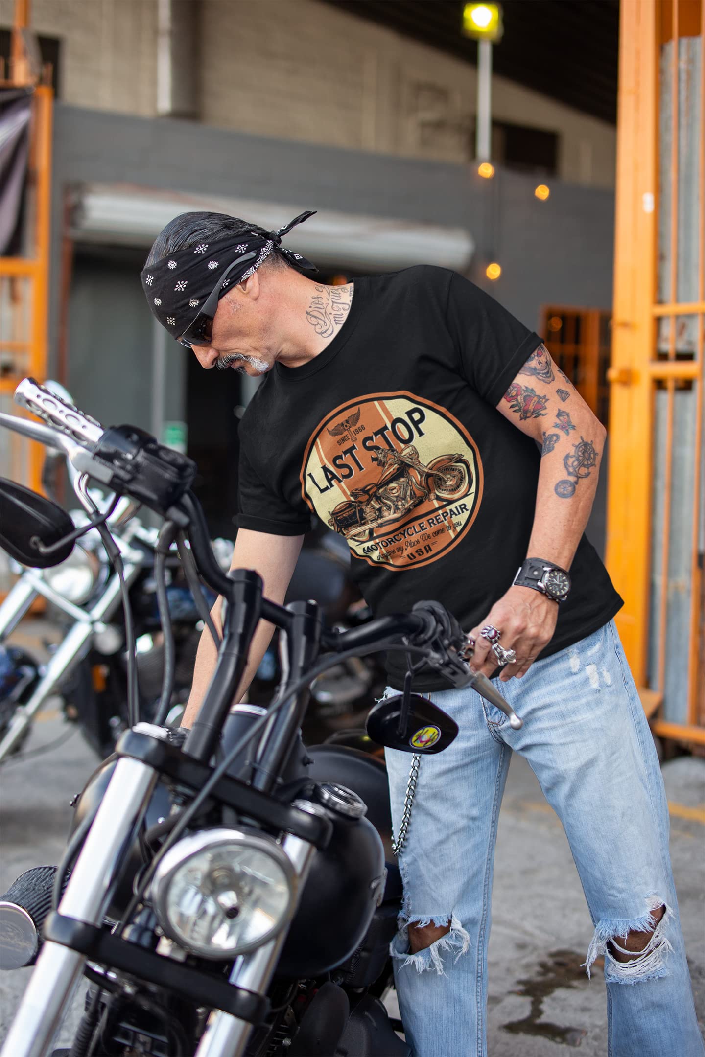 Last Stop Motorcycle T-Shirt Biker Rider Route 66 Harley Vintage Mens Black Tee (Xlarge)